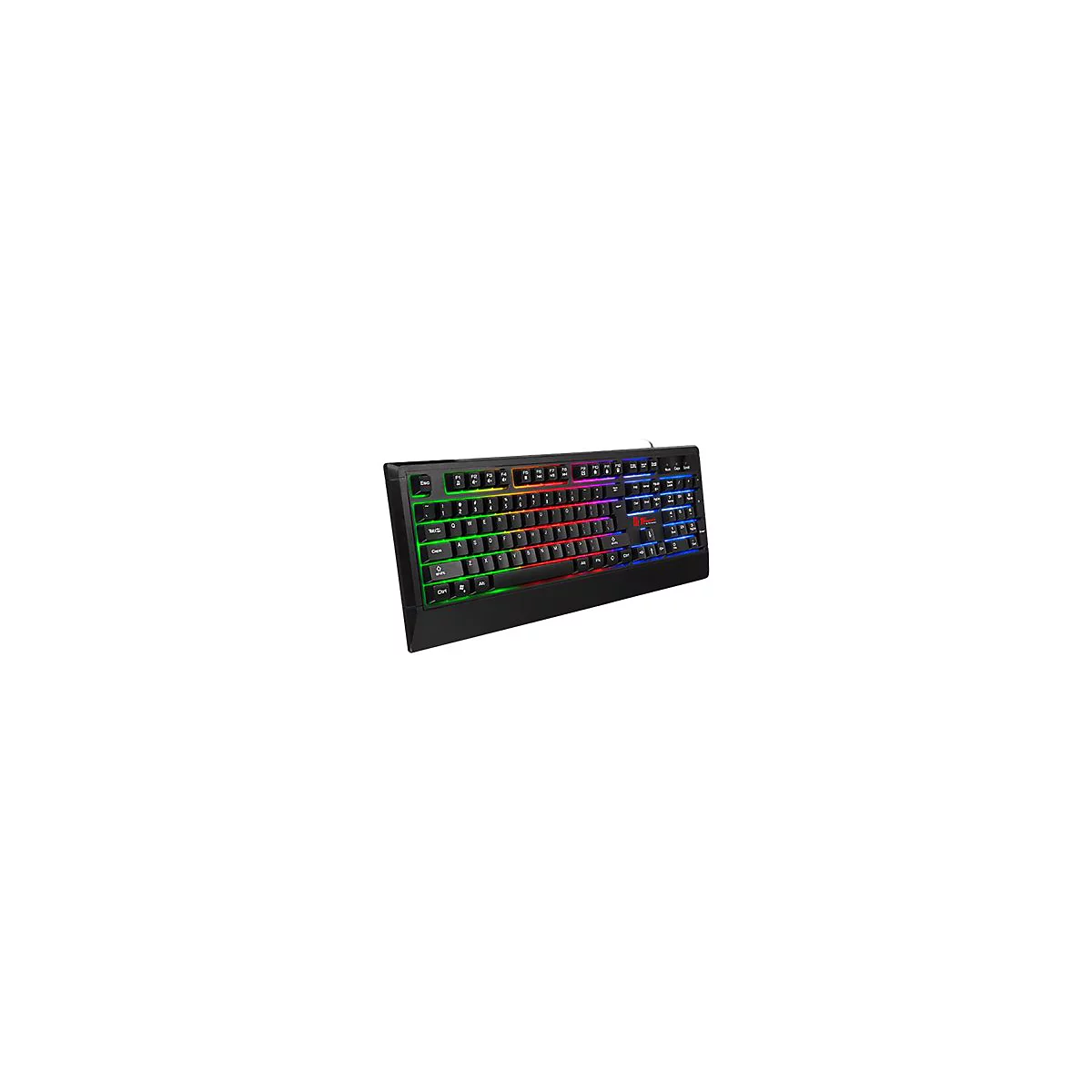 Schwarze Gaming-Tastatur mit farbiger RGB-Beleuchtung, Blickwinkel von oben. Tastatur hat normale Tastenanordnung mit zusätzlichen Funktionstasten.