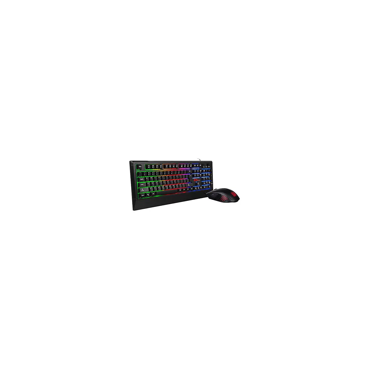 Schwarze Gaming Tastatur und Maus mit farbiger LED Beleuchtung vor weißem Hintergrund.