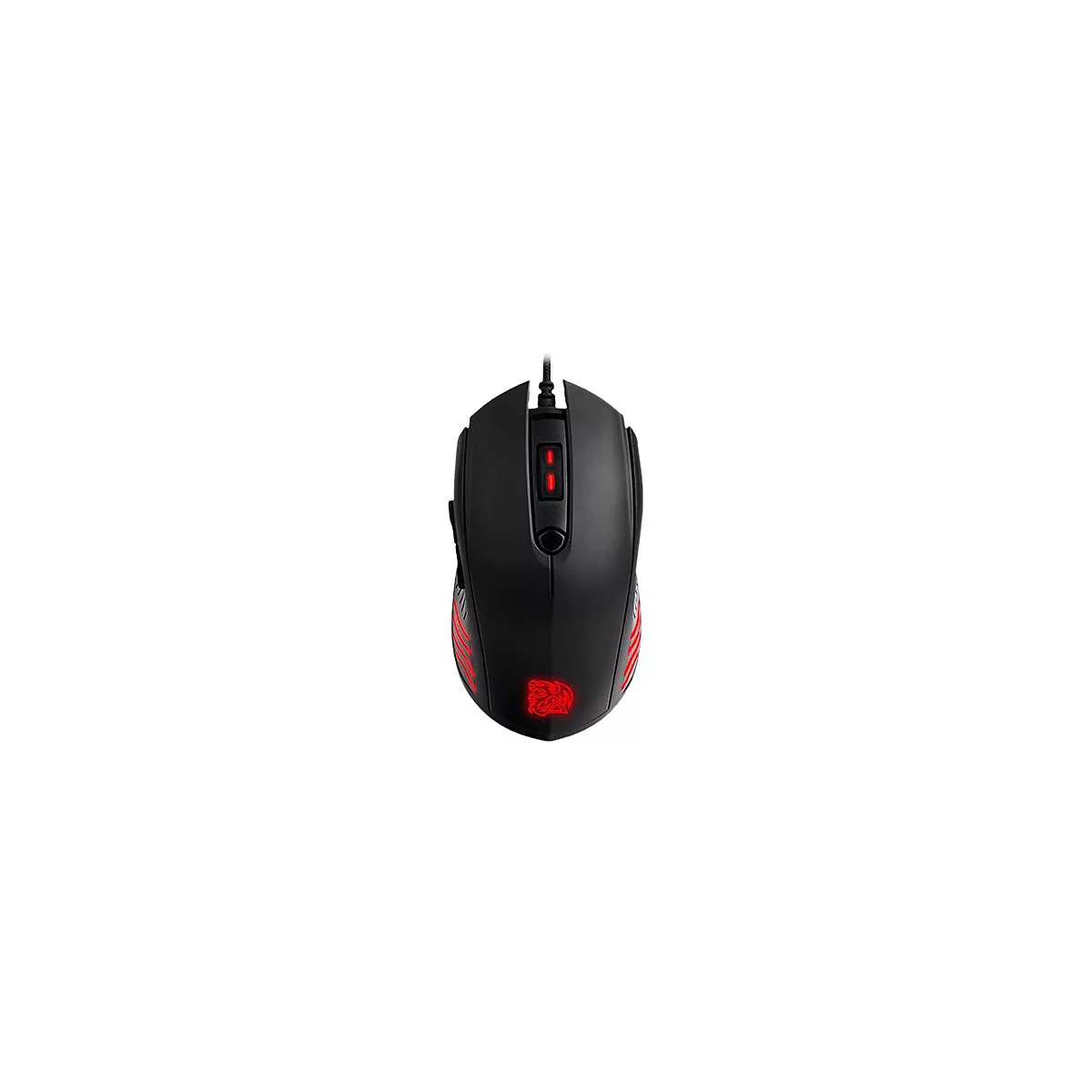 Schwarze Gaming-Maus mit roten Akzenten. Zwei Knöpfe, Logo und seitliche Elemente leuchten rot.