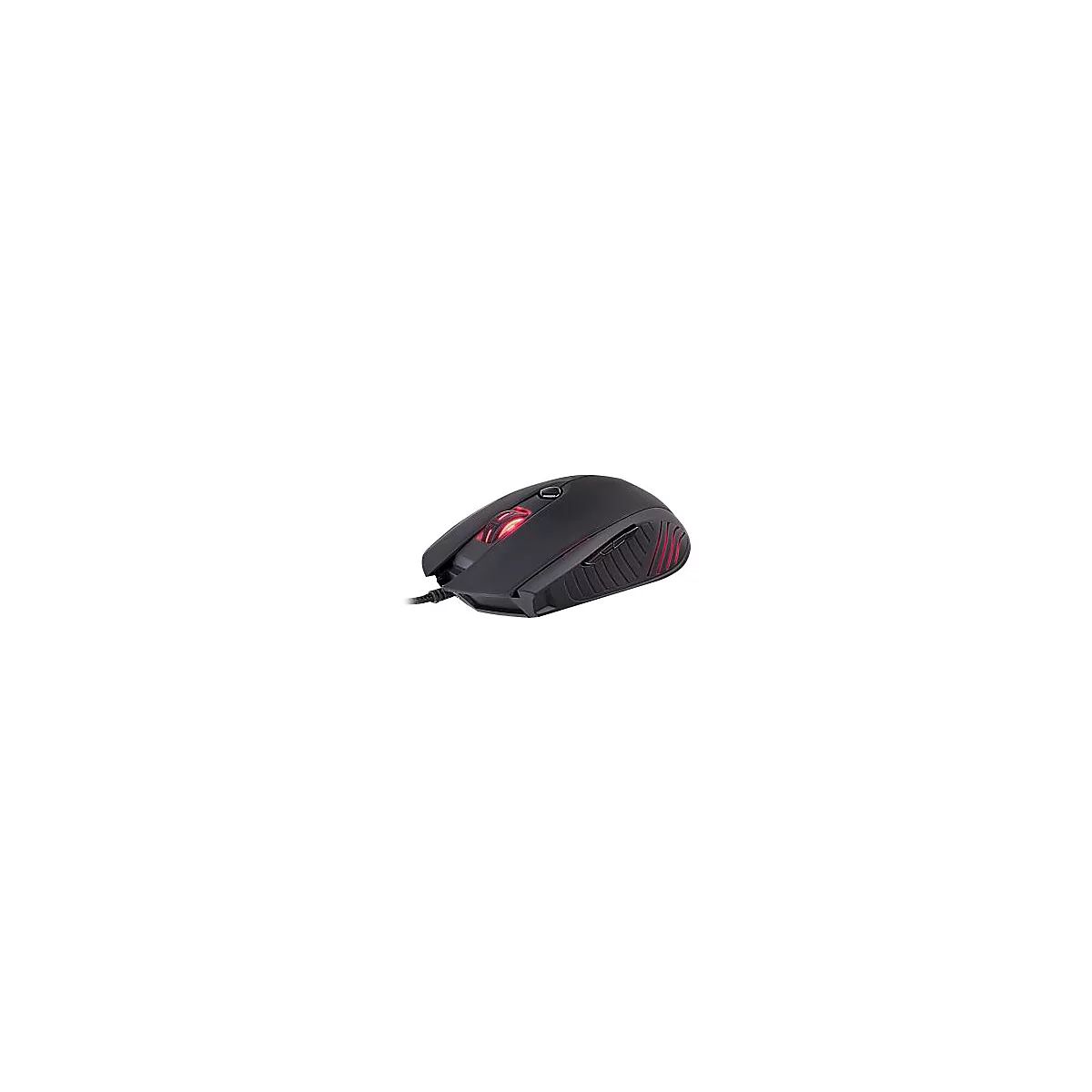 Schwarze Gaming-Maus mit roter Beleuchtung und Kabel, vor weißem Hintergrund.
