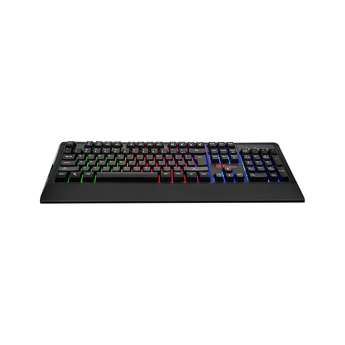 Schwarze Gaming-Tastatur mit RGB-Beleuchtung und farbigen Tasten auf weißem Hintergrund.