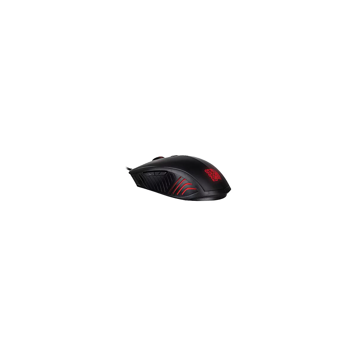 Schwarze Gaming-Maus mit roten Akzenten und leuchtendem Logo.