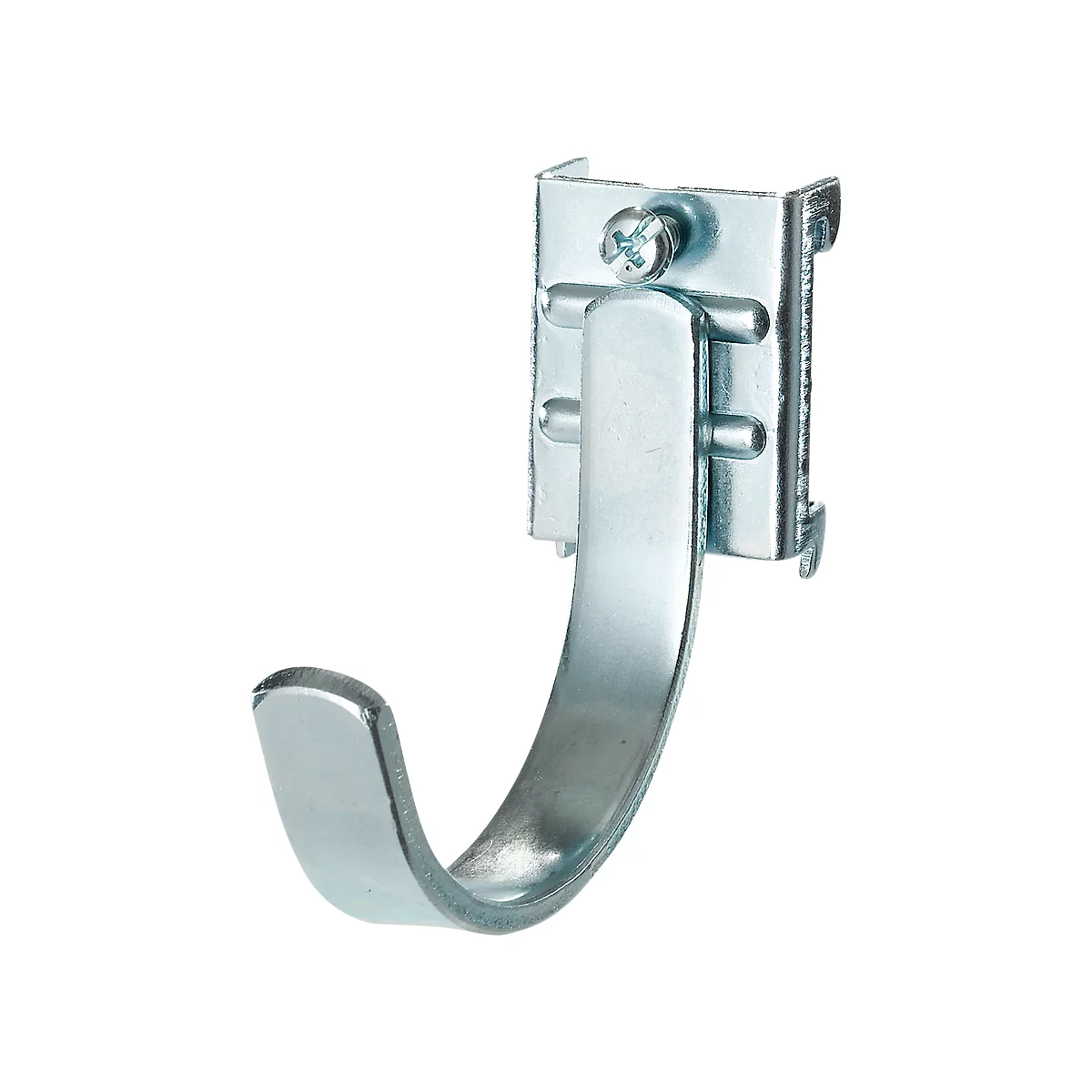 Metal hook for wall mounting. The hook is silver, attached with a bracket and a screw.