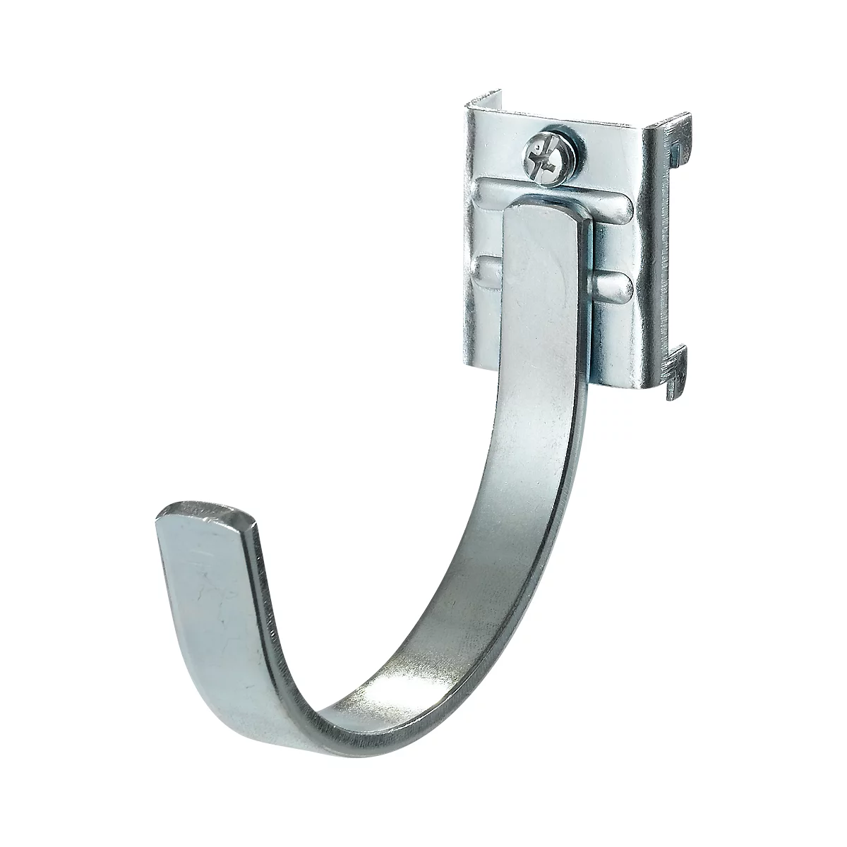 Metal hook, curved with rectangular bracket and screw.