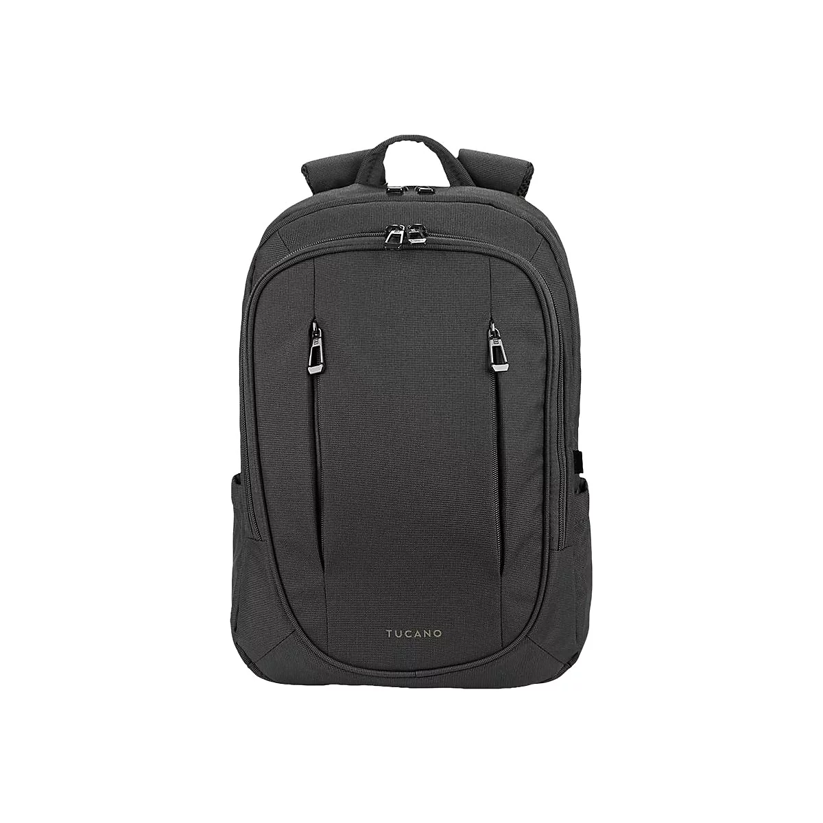Schwarzer Rucksack, zwei ReiÃŸverschlusstaschen, Schultergurte und Tragegriff, Marke TUCANO.