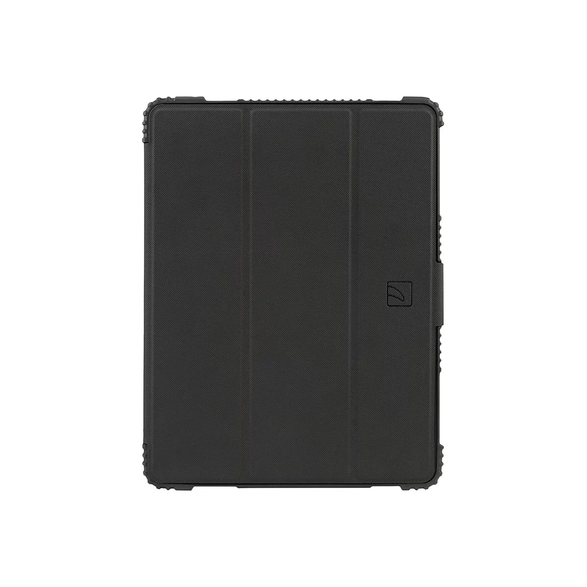 Schwarze Tablet-SchutzhÃ¼lle mit integriertem Deckel und einem Logo. Die HÃ¼lle weist abgerundete Kanten auf.
