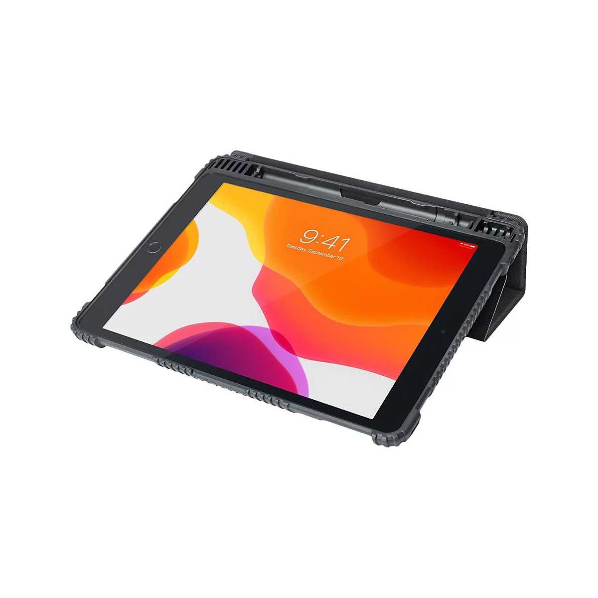 Ein schwarzes iPad mit SchutzhÃ¼lle, 9:41 Uhr auf dem Bildschirm. Es steht auf einer Halterung.