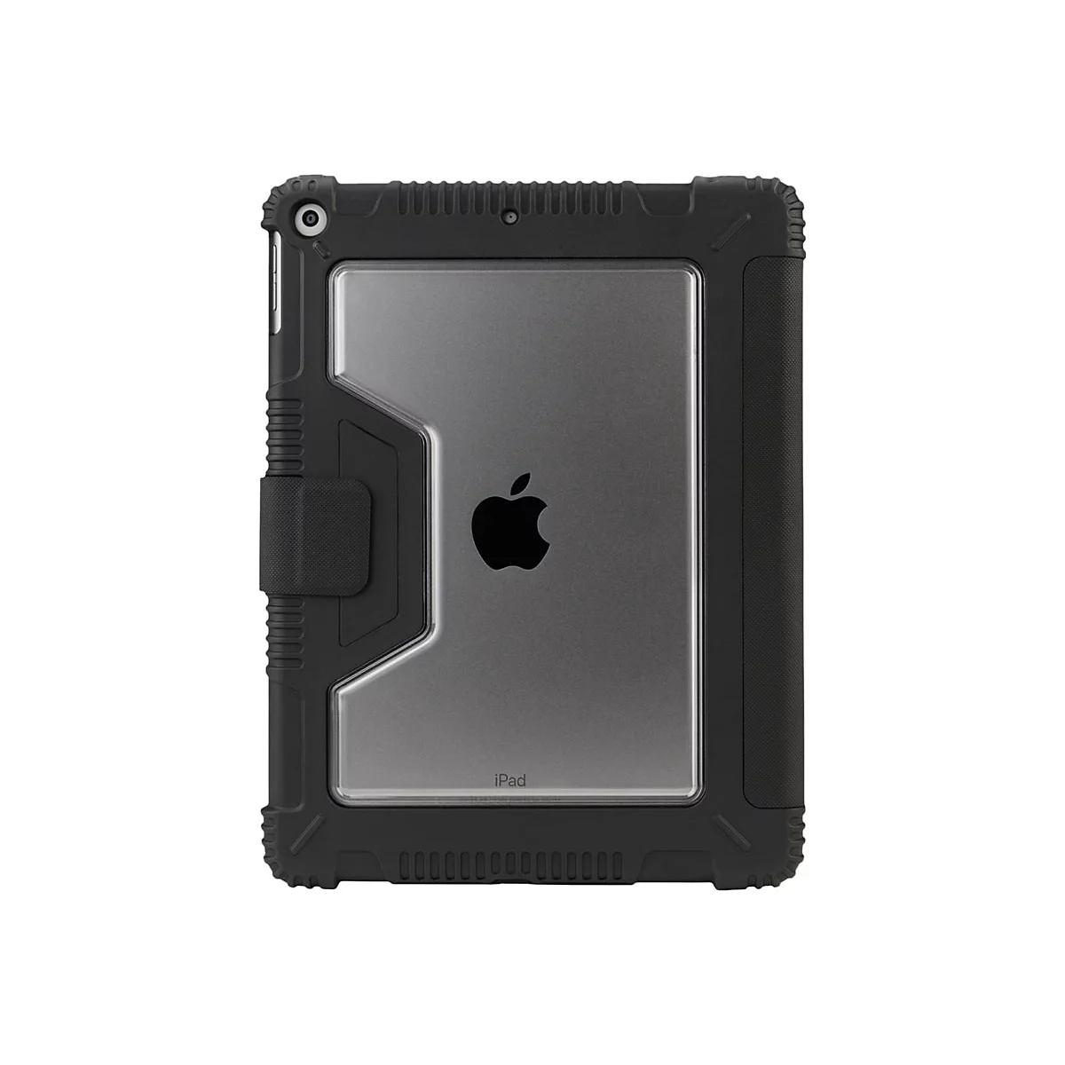 Schwarze iPad-SchutzhÃ¼lle; robuster Rahmen, transparente Mitte mit Apple-Logo. Texturierte Kanten und ein Verschluss.