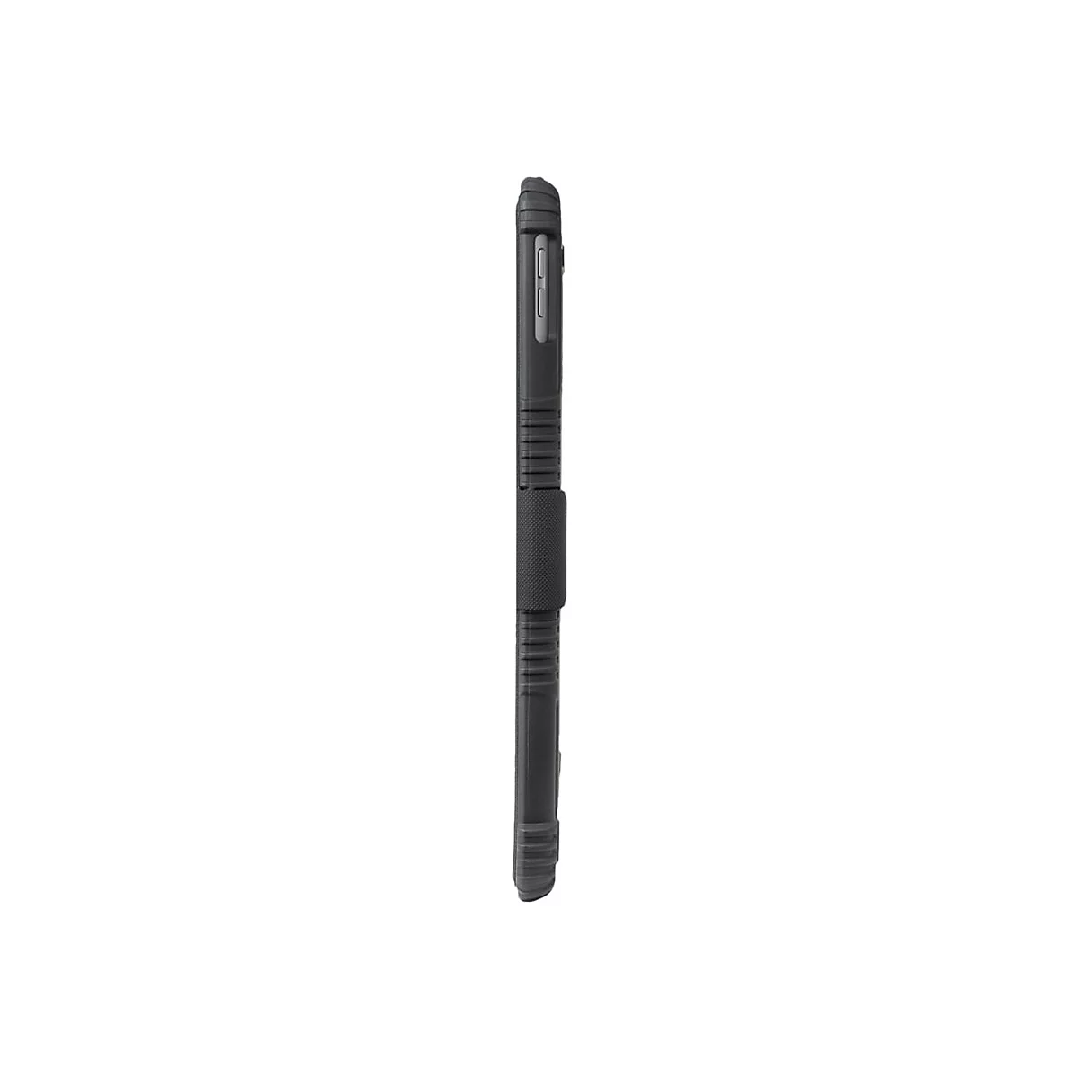 Schwarze SchutzhÃ¼lle fÃ¼r Tablet. Die Seite ist mit Rillen versehen, ein Band hÃ¤lt sie zusammen.
