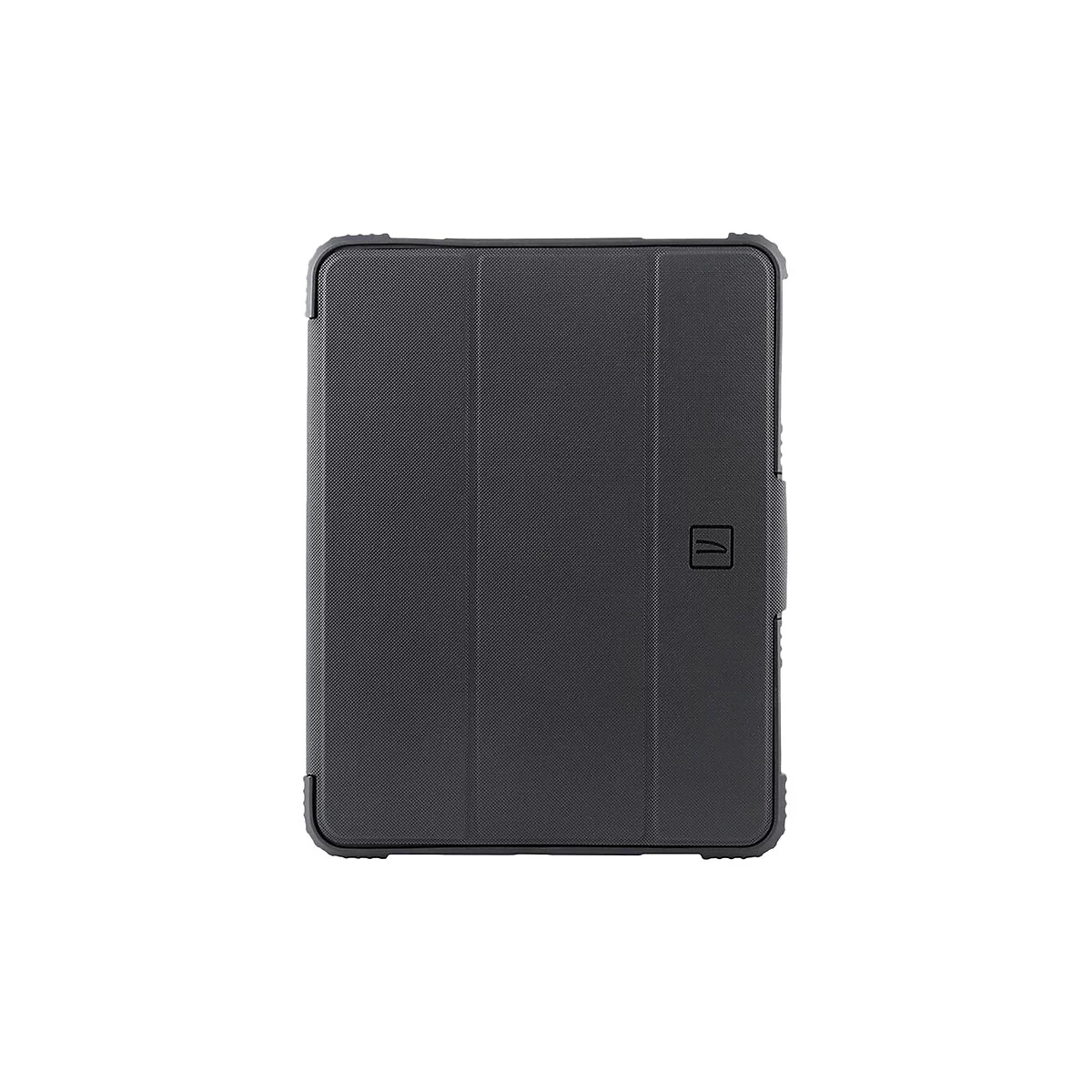 Dunkelgraue Tablet-HÃ¼lle mit dreifach faltbarem Deckel. Auf der Verschlusslasche ist ein quadratisches Logo.