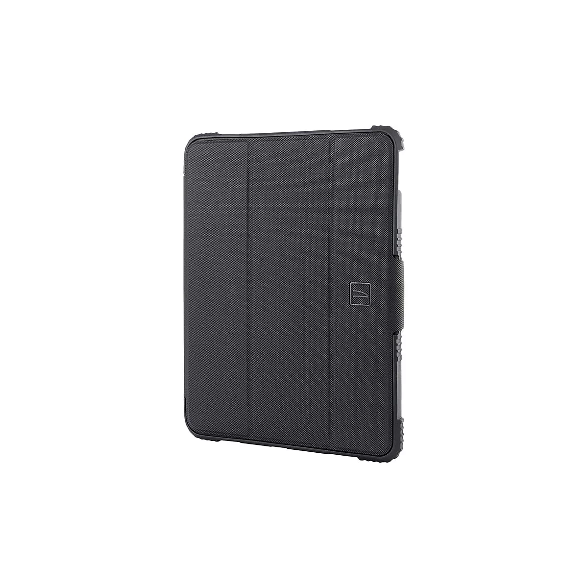Schwarze Tablet-HÃ¼lle mit geschlossenem Deckel. Sie hat eckige, robuste Kanten und eine dreifach gefaltete Deckelkonstruktion.