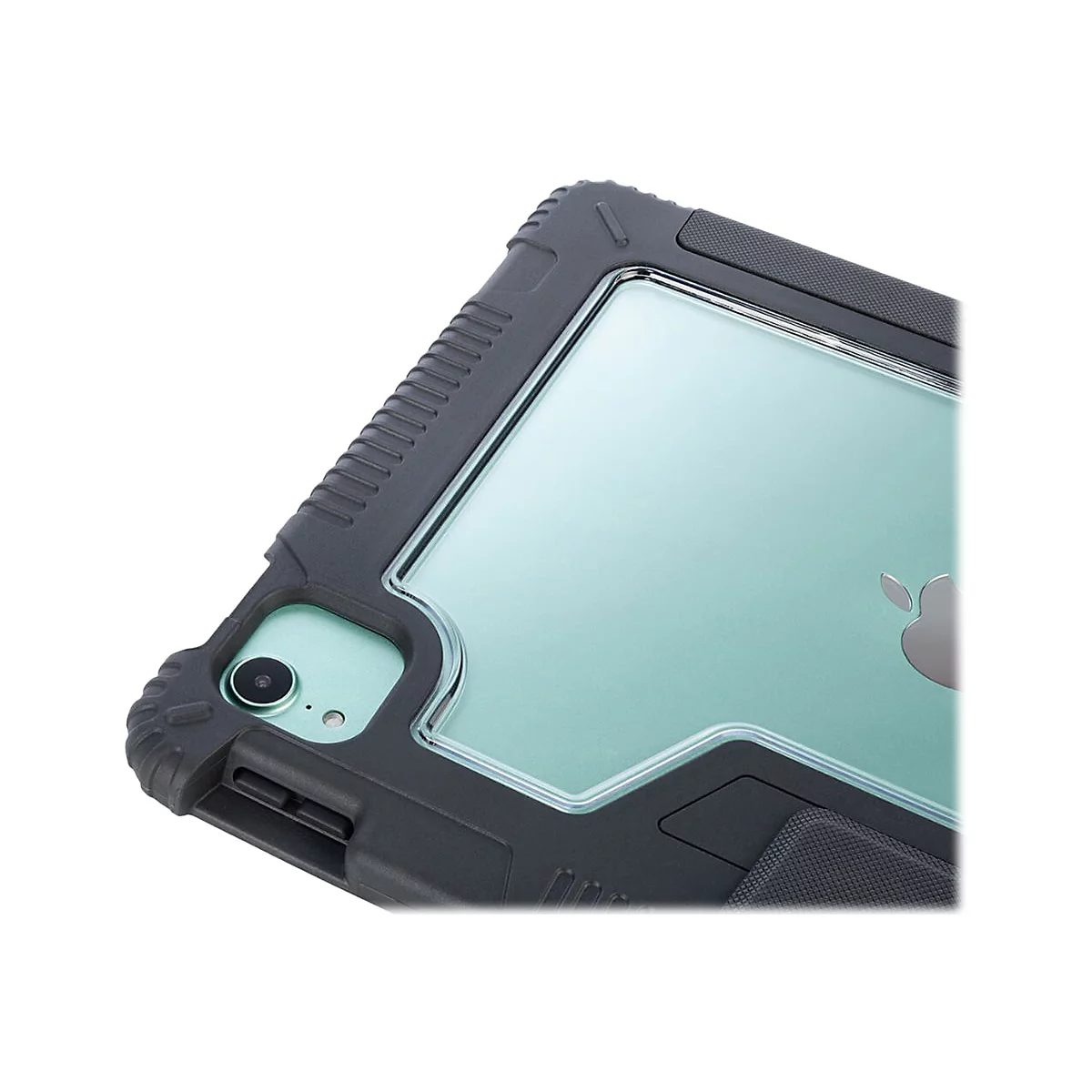 Nahaufnahme einer schwarzen SchutzhÃ¼lle fÃ¼r ein iPad, mit dem Apple-Logo.