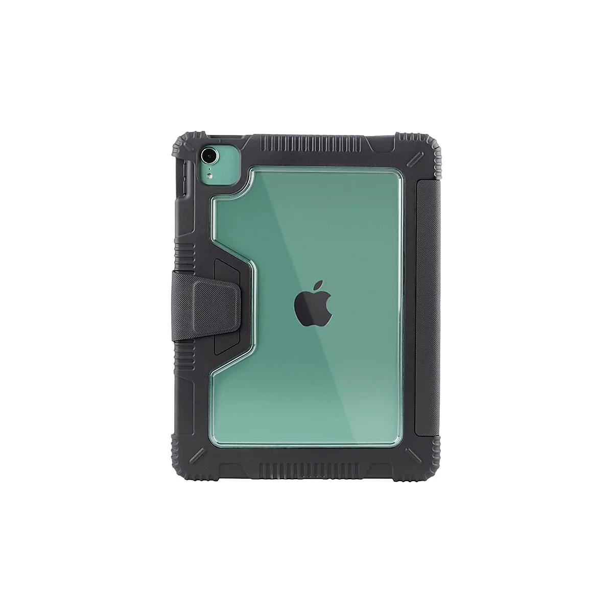 Schwarze SchutzhÃ¼lle fÃ¼r ein Tablet, mit grÃ¼ner RÃ¼ckseite. Das Apple-Logo ist sichtbar.