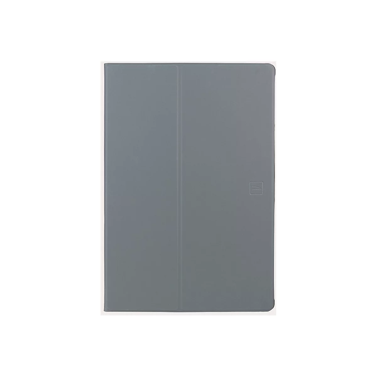 Graue Tablet-Hülle, geschlossen. Auf der Vorderseite ein kleines Logo.