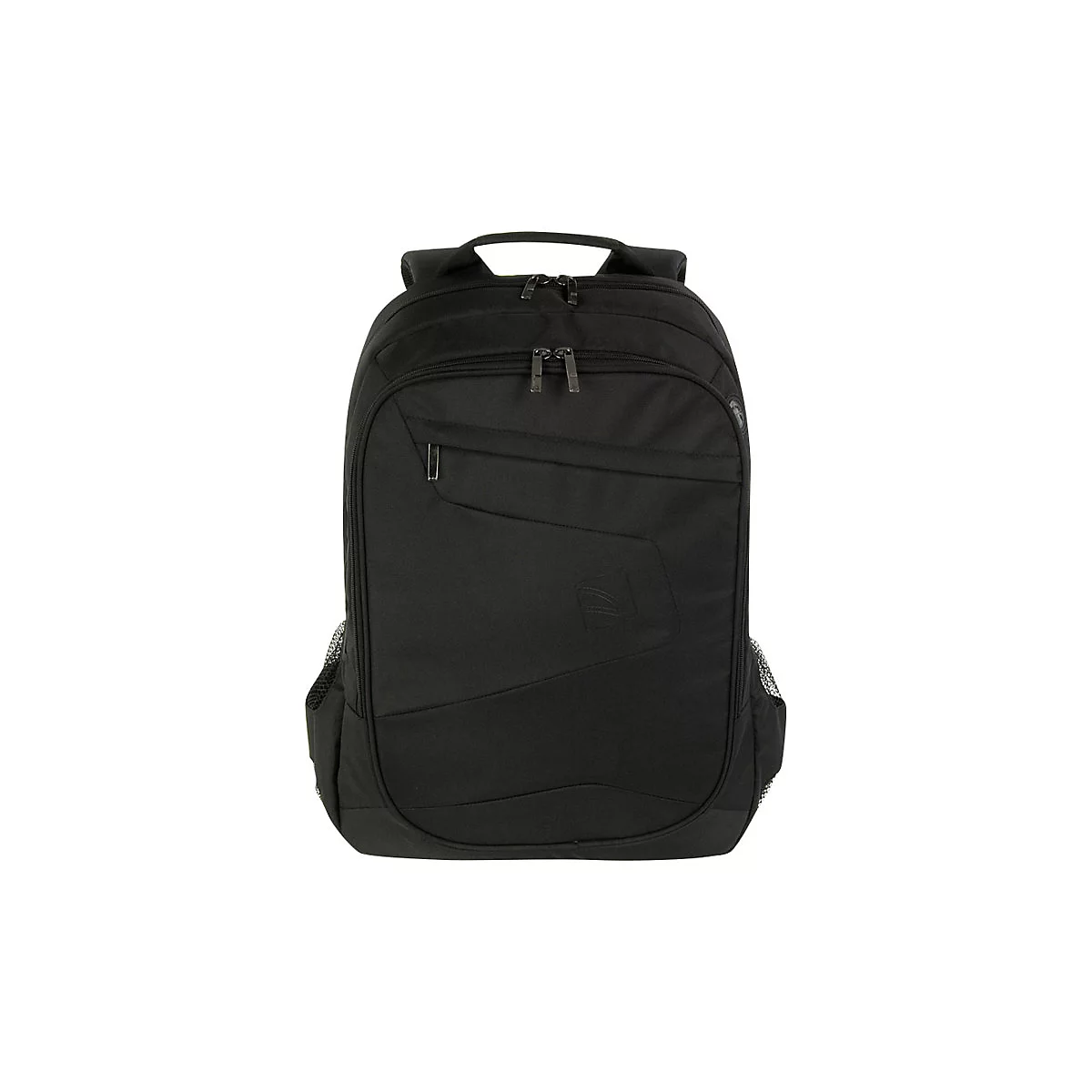 Schwarzer Rucksack mit mehreren FÃ¤chern und ReiÃŸverschlÃ¼ssen. Auf hellem Hintergrund.