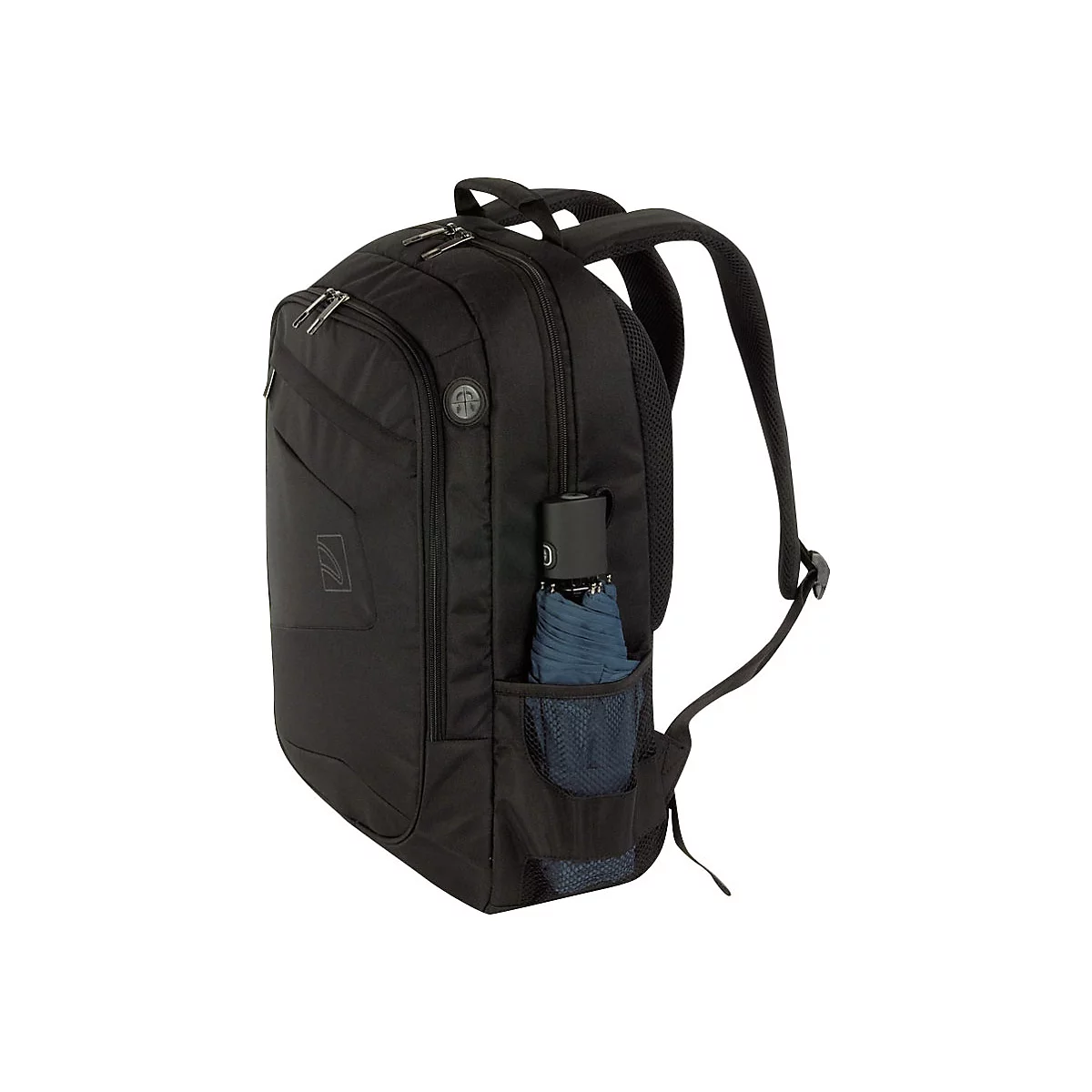 Schwarzer Rucksack mit einer blauen Regenbogenschirm in der Seitentasche. Der Rucksack hat mehrere FÃ¤cher und ReiÃŸverschlÃ¼sse.