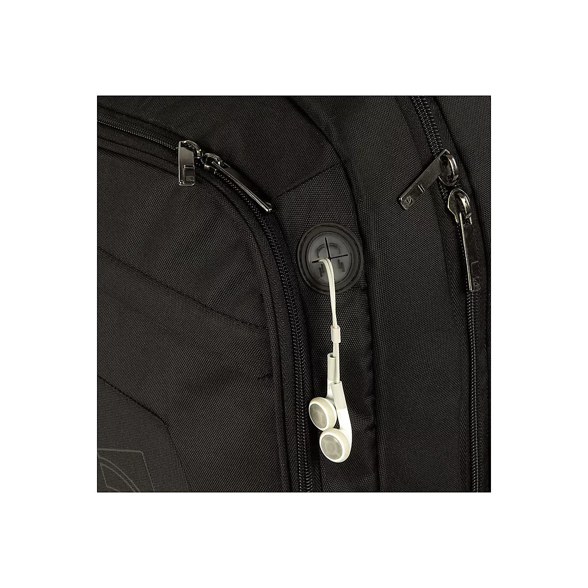 Detailaufnahme eines schwarzen Rucksacks mit ReiÃŸverschlÃ¼ssen und einer Buchse fÃ¼r KopfhÃ¶rer. WeiÃŸe KopfhÃ¶rer sind eingesteckt.