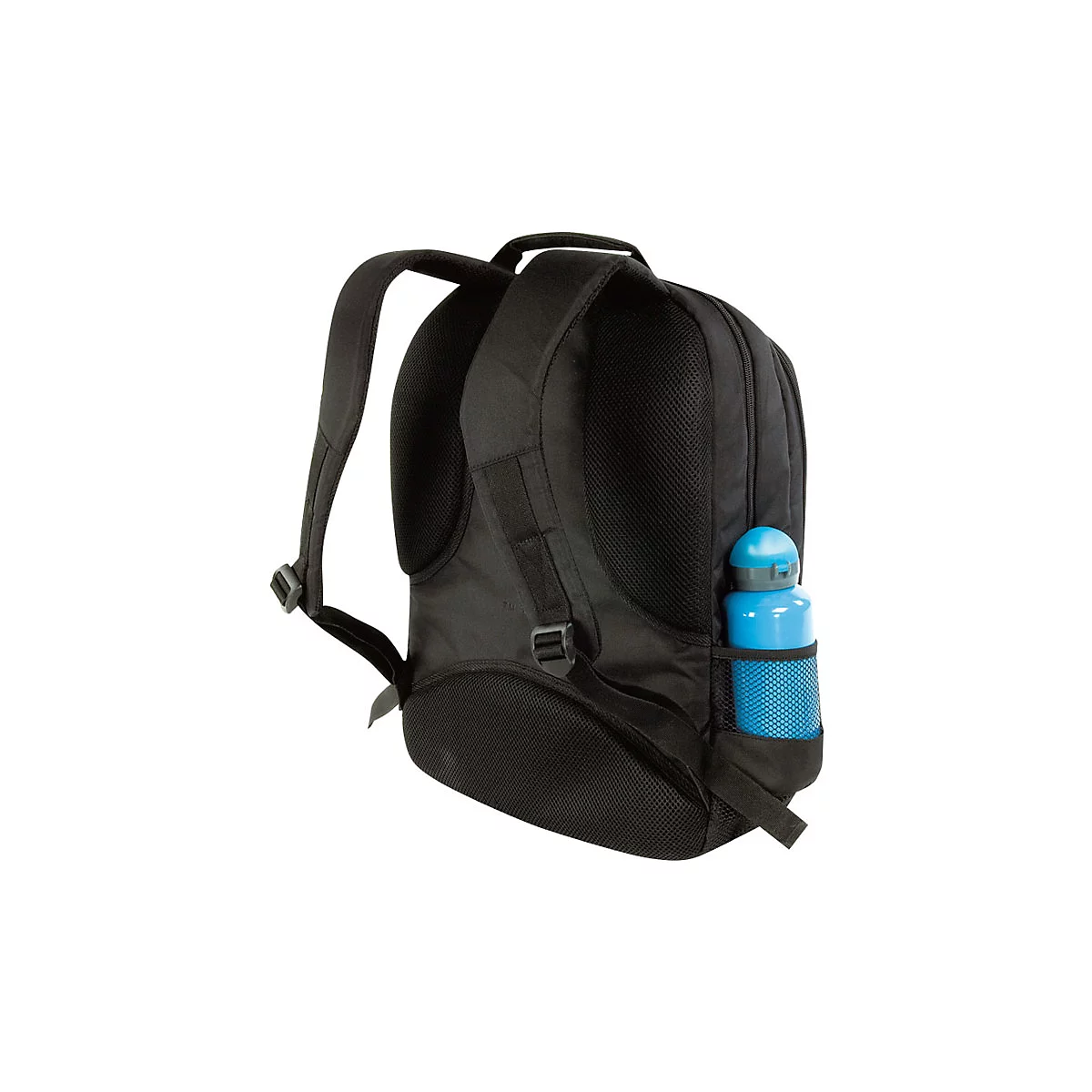 Schwarzer Rucksack mit blauer Trinkflasche in der Seitentasche. Gepolsterte Schultergurte und Griff.