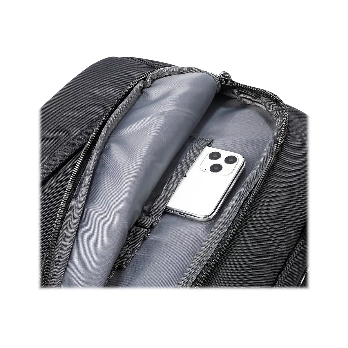 Schwarzer Rucksack mit offenem ReiÃŸverschluss, Innentasche mit weiÃŸem Smartphone.