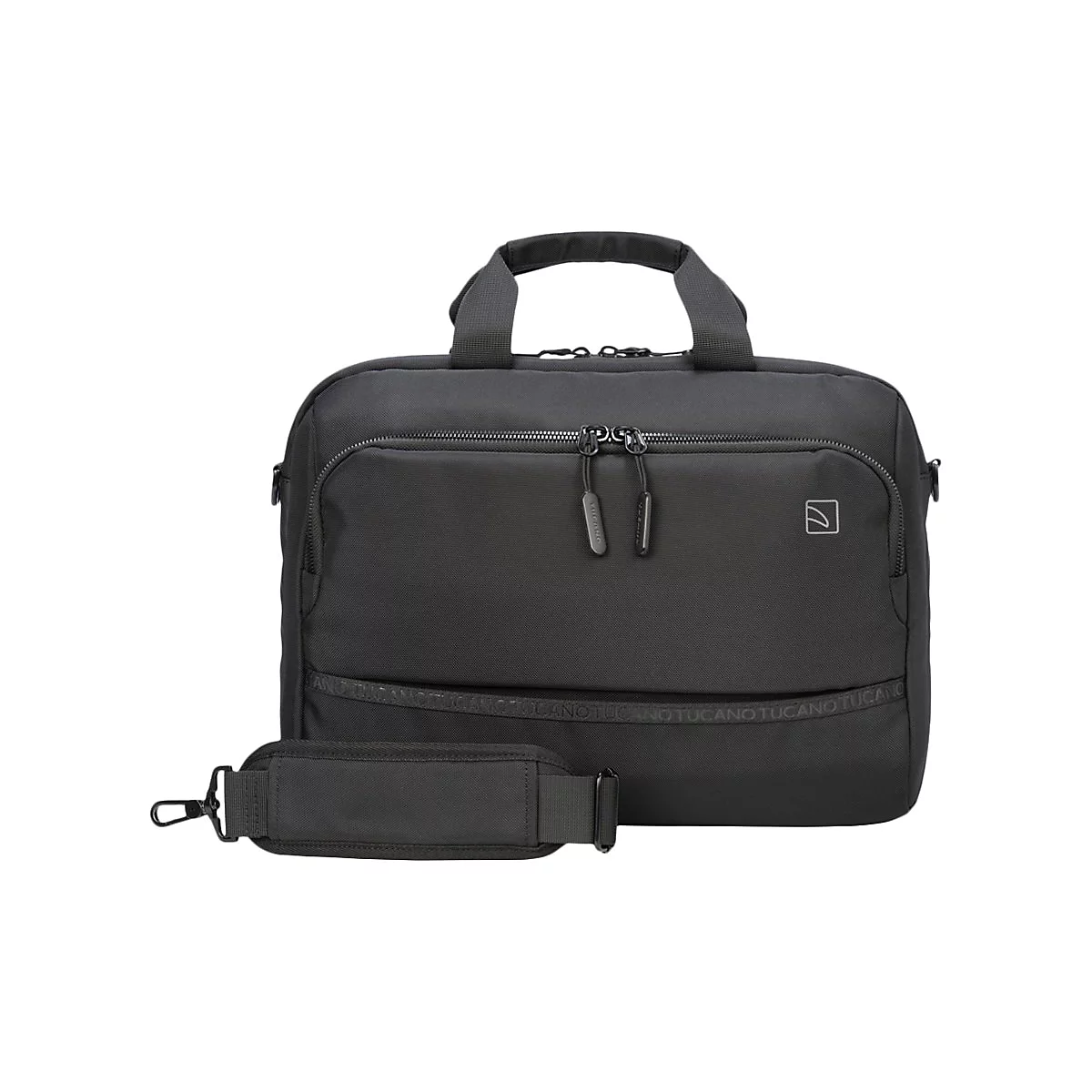 Schwarze Laptoptasche mit Griff und Schultergurt. ReiÃŸverschlÃ¼sse, Logo. Auf hellem Hintergrund.
