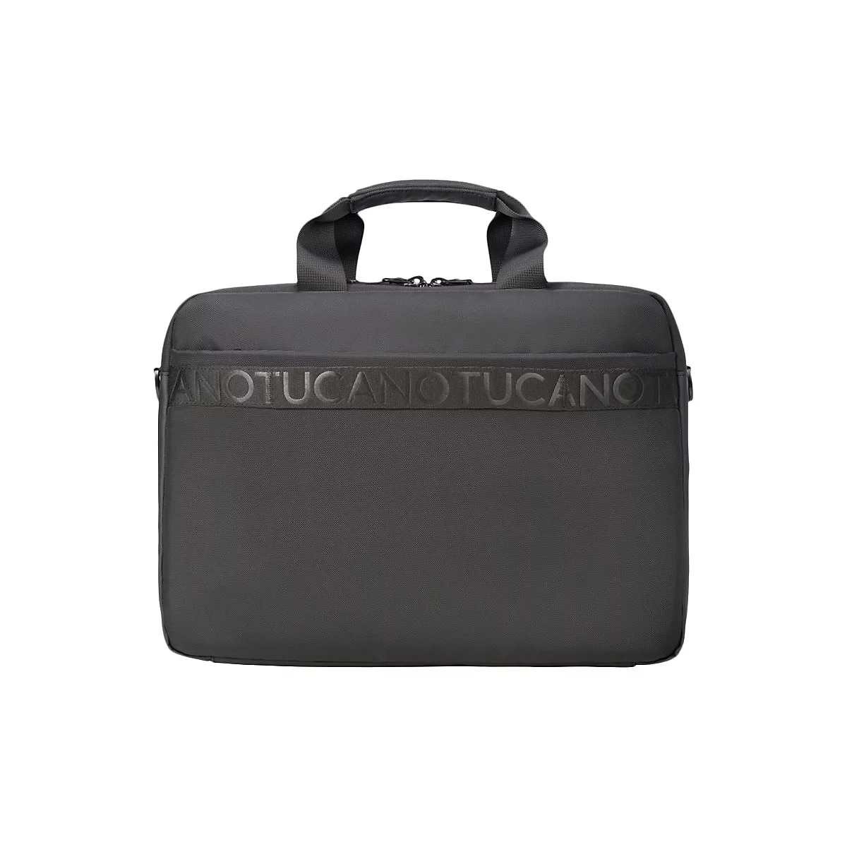 Schwarze Laptoptasche mit Tragegriff, auf der ein Logo steht.