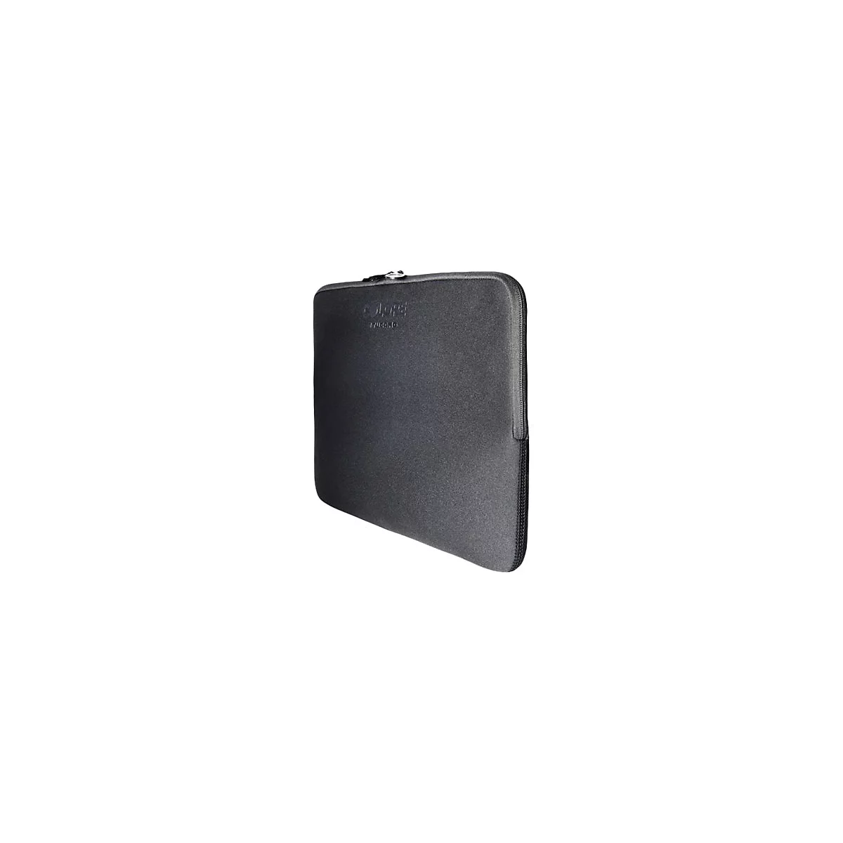 Graue Laptoptasche aus Neopren mit ReiÃŸverschluss und Logo.