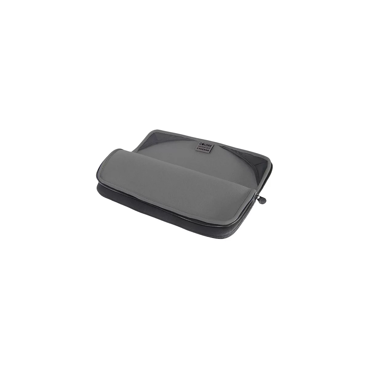Eine halb geÃ¶ffnete schwarze Laptoptasche mit grauem Innenfutter und dem Etikett COLORE.