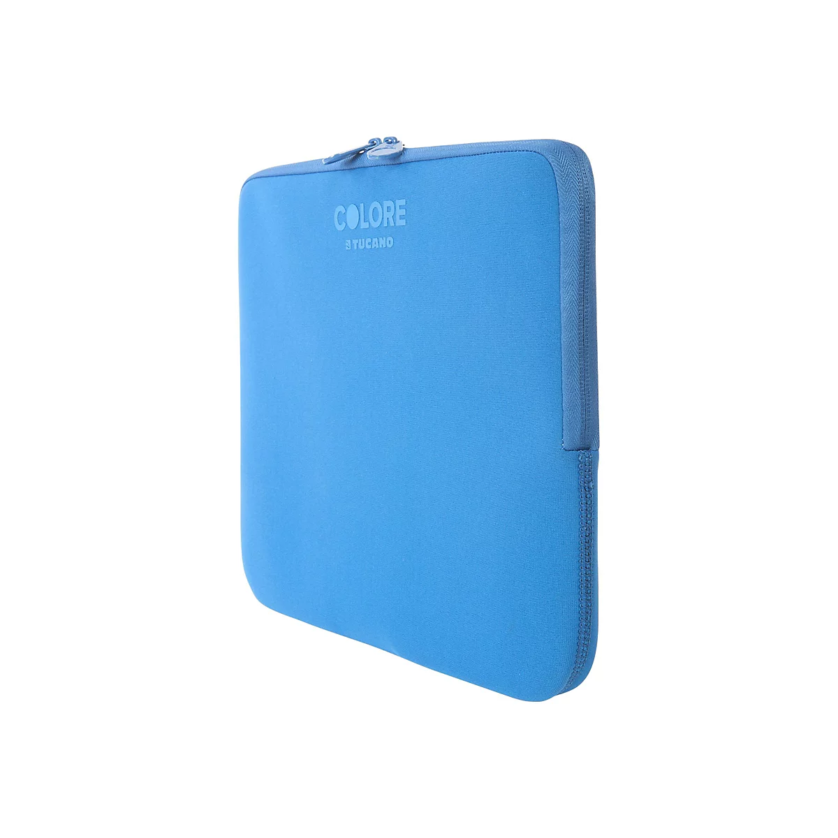 Hellblaue Laptoptasche mit ReiÃŸverschluss, mit Logo. Eckige Form, schattiert.