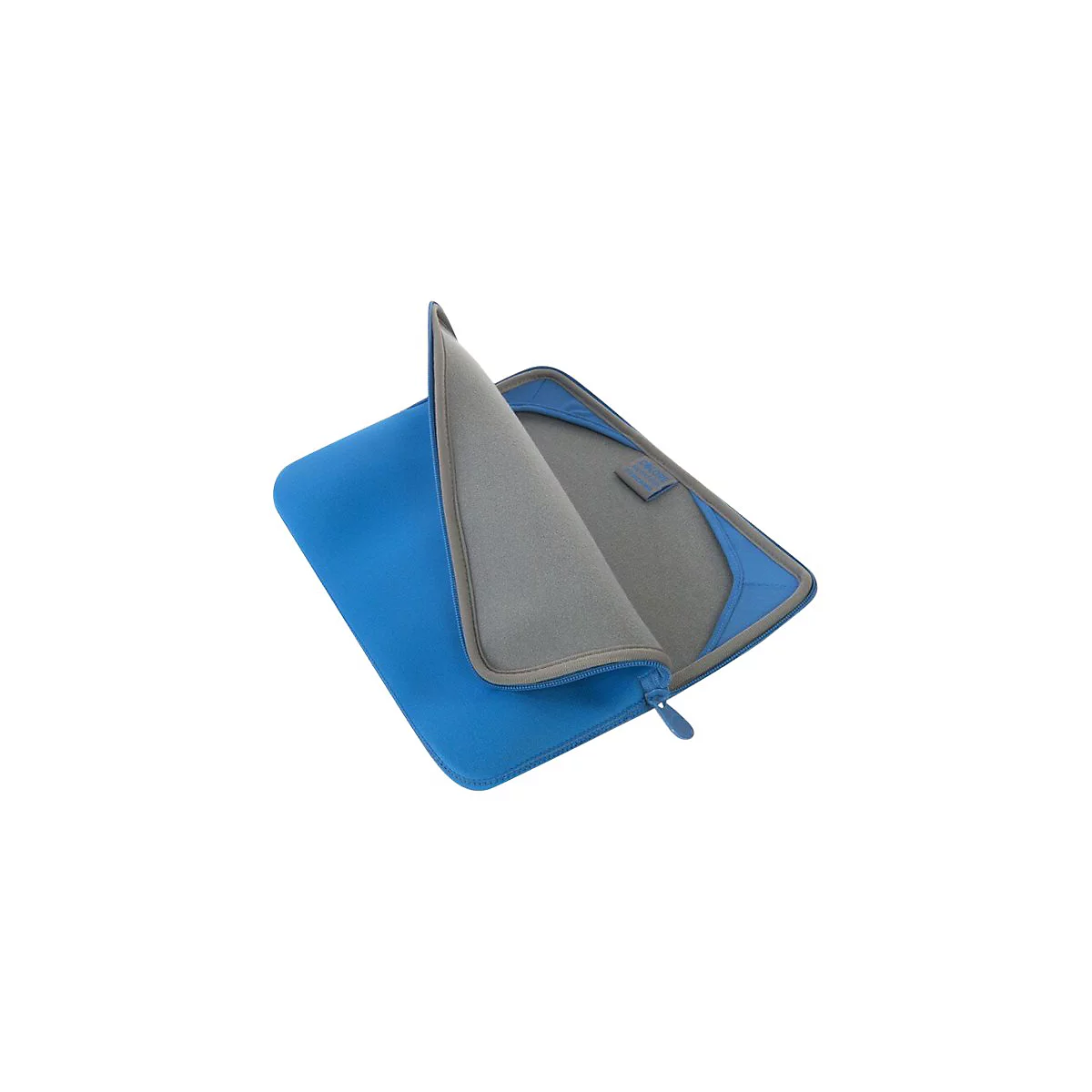 Blaues Laptop-Case, teilweise geÃ¶ffnet. Innen grau, auÃŸen blau. ReiÃŸverschluss und grauer Rahmen.