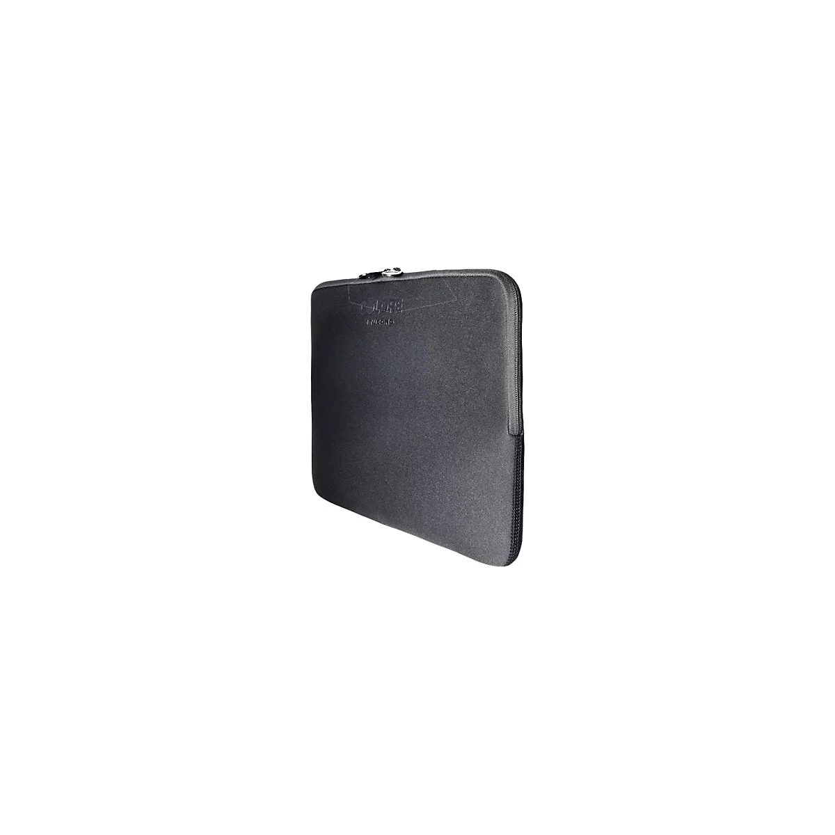 Schwarze Laptoptasche mit ReiÃŸverschluss und Logo, vor weiÃŸem Hintergrund.