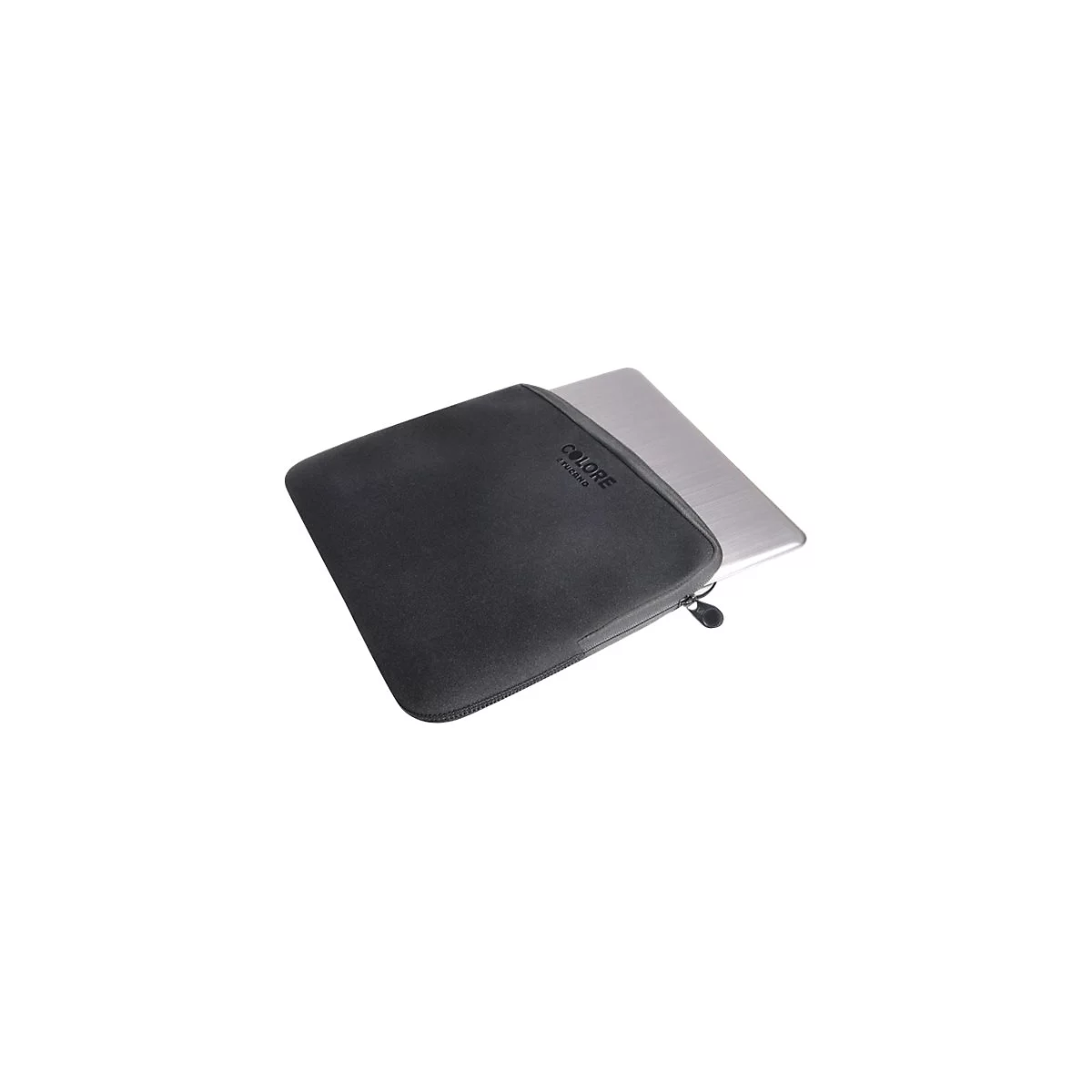 Schwarze Laptoptasche mit ReiÃŸverschluss. Der Laptop ist teilweise sichtbar.