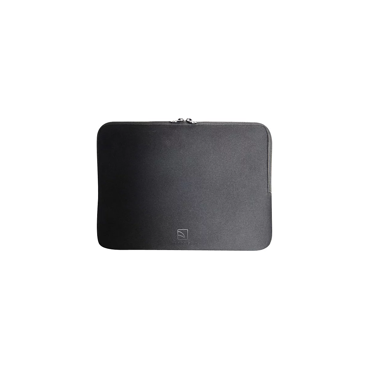Schwarze Laptoptasche mit ReiÃŸverschluss. Ein kleines Logo ist unten rechts platziert.