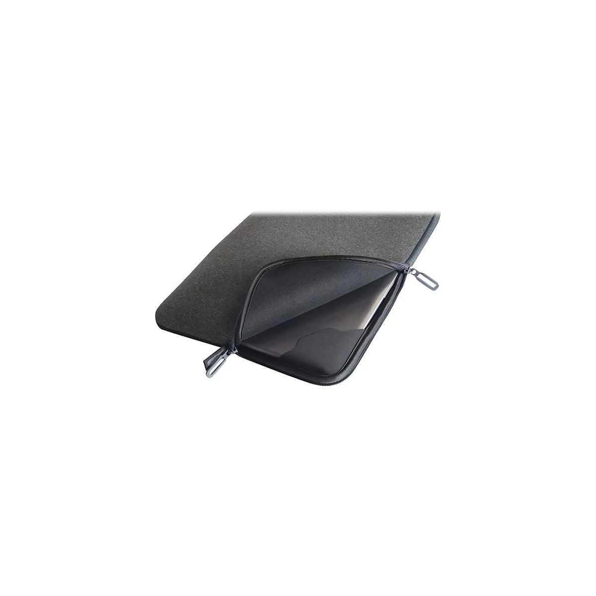 Graue Laptoptasche mit ReiÃŸverschluss, geÃ¶ffnet.