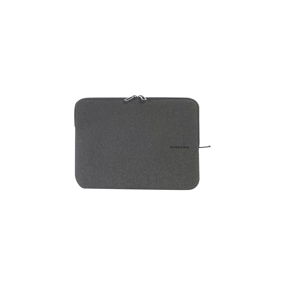 Dunkelgraue Laptoptasche mit ReiÃŸverschluss und Logo. Sieht aus wie Filz.
