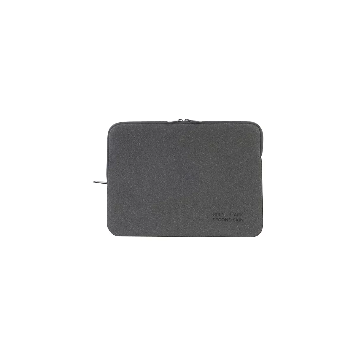 Dunkelgraue Laptoptasche mit ReiÃŸverschluss. Auf der Tasche steht in kleiner Schrift GREY BLACK SECOND SKIN.