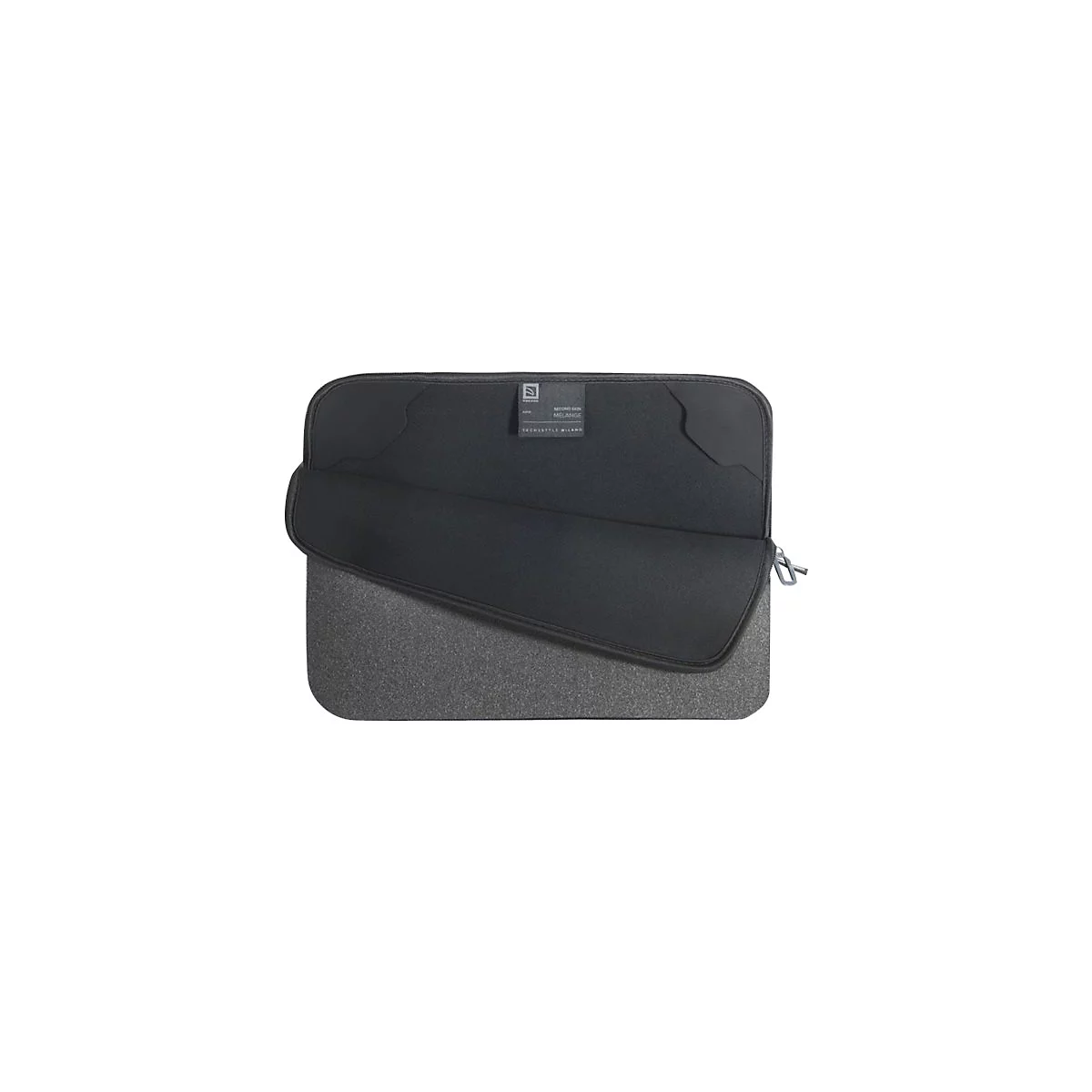 Graue Laptoptasche mit schwarzer Innenseite. GeÃ¶ffnet, mit ReiÃŸverschluss und Label.