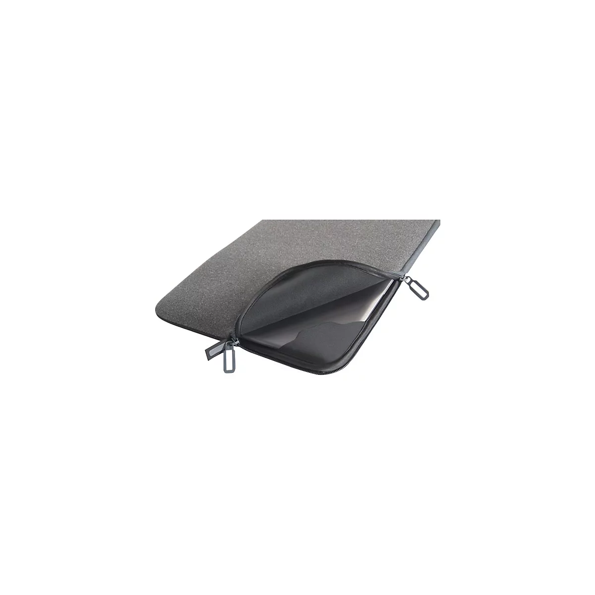Graue Laptoptasche, halb geÃ¶ffnet, mit schwarzem ReiÃŸverschluss. Innen ein Laptop sichtbar.