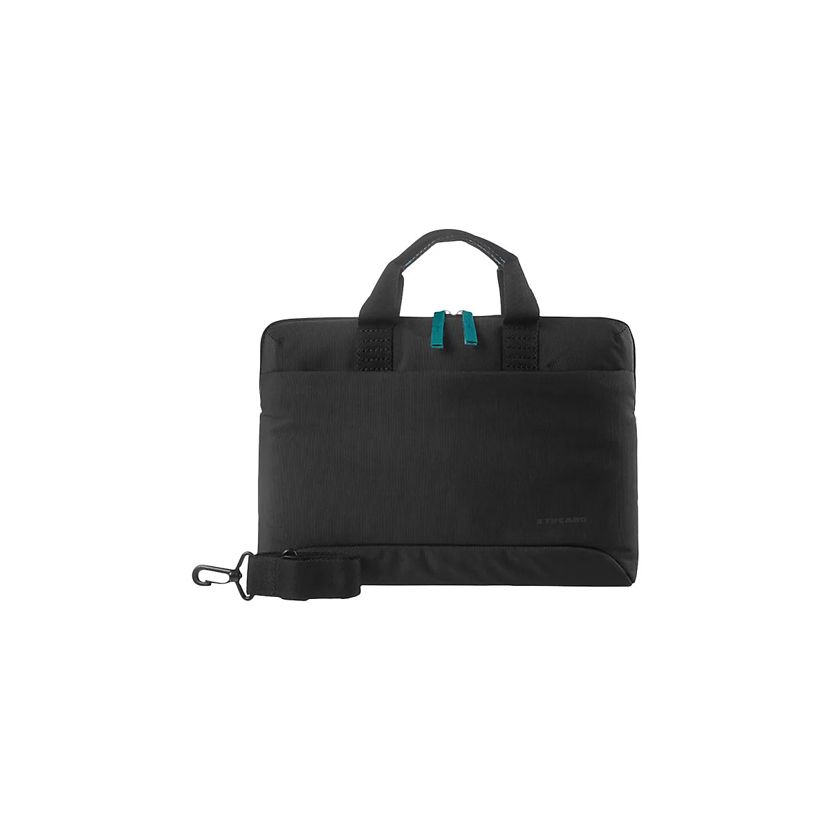 Schwarze Laptoptasche mit blau-grÃ¼nen ReiÃŸverschlÃ¼ssen und Henkeln. Ein abnehmbarer Schultergurt liegt unten.