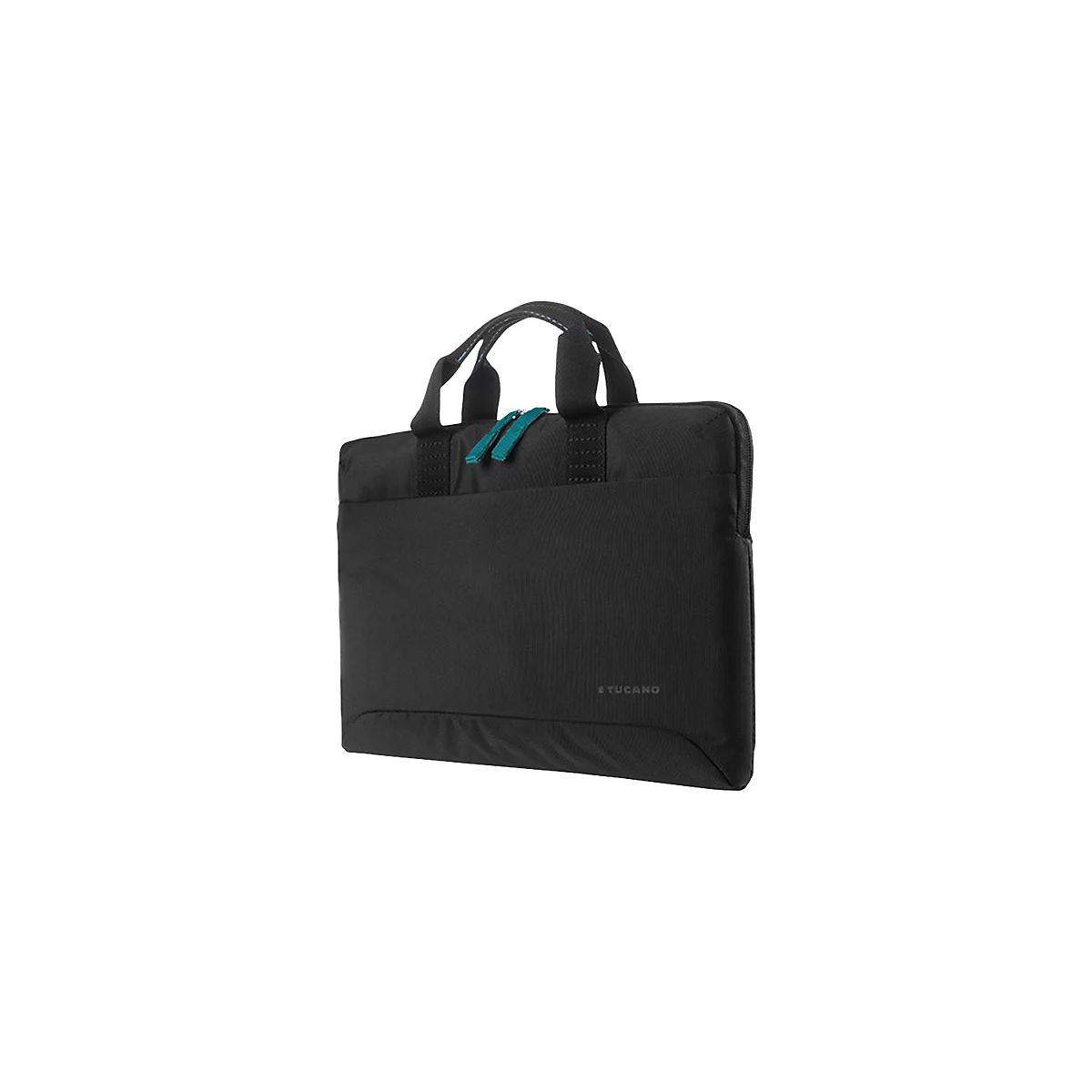 Schwarze Laptoptasche mit Griffen, teal-farbenen ReiÃŸverschlÃ¼ssen und Markenlogo.