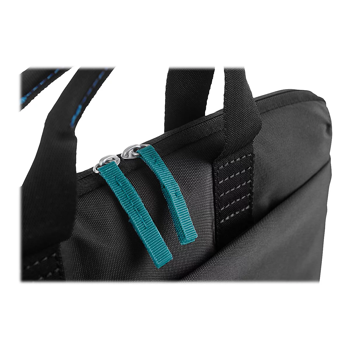 Nahaufnahme einer schwarzen Tasche mit tÃ¼rkisfarbenen ReiÃŸverschluss-AnhÃ¤ngern.