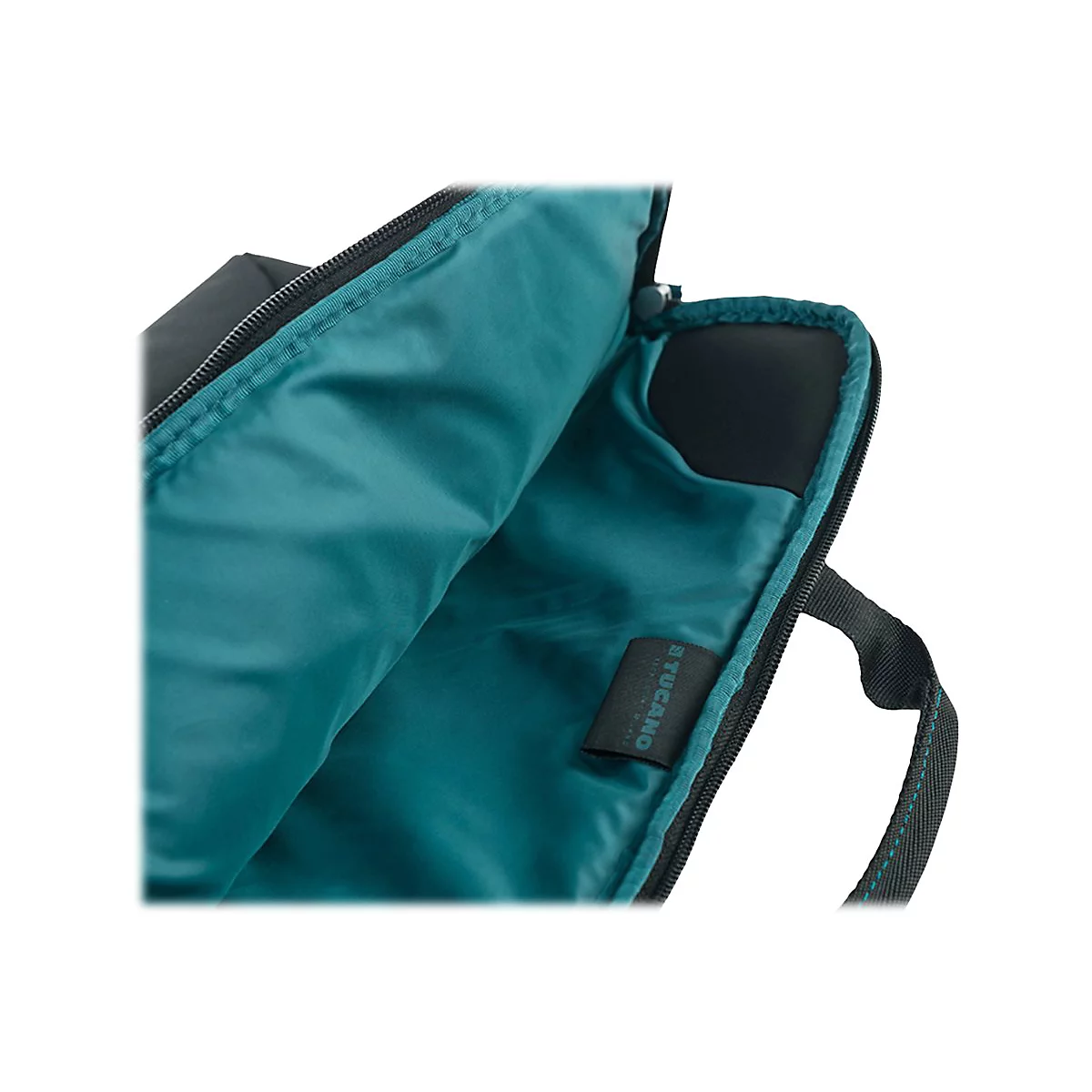 Nahaufnahme einer schwarzen Laptoptasche mit tÃ¼rkisblauem Innenfutter. Ein ReiÃŸverschluss ist geÃ¶ffnet, der Innenraum sichtbar.