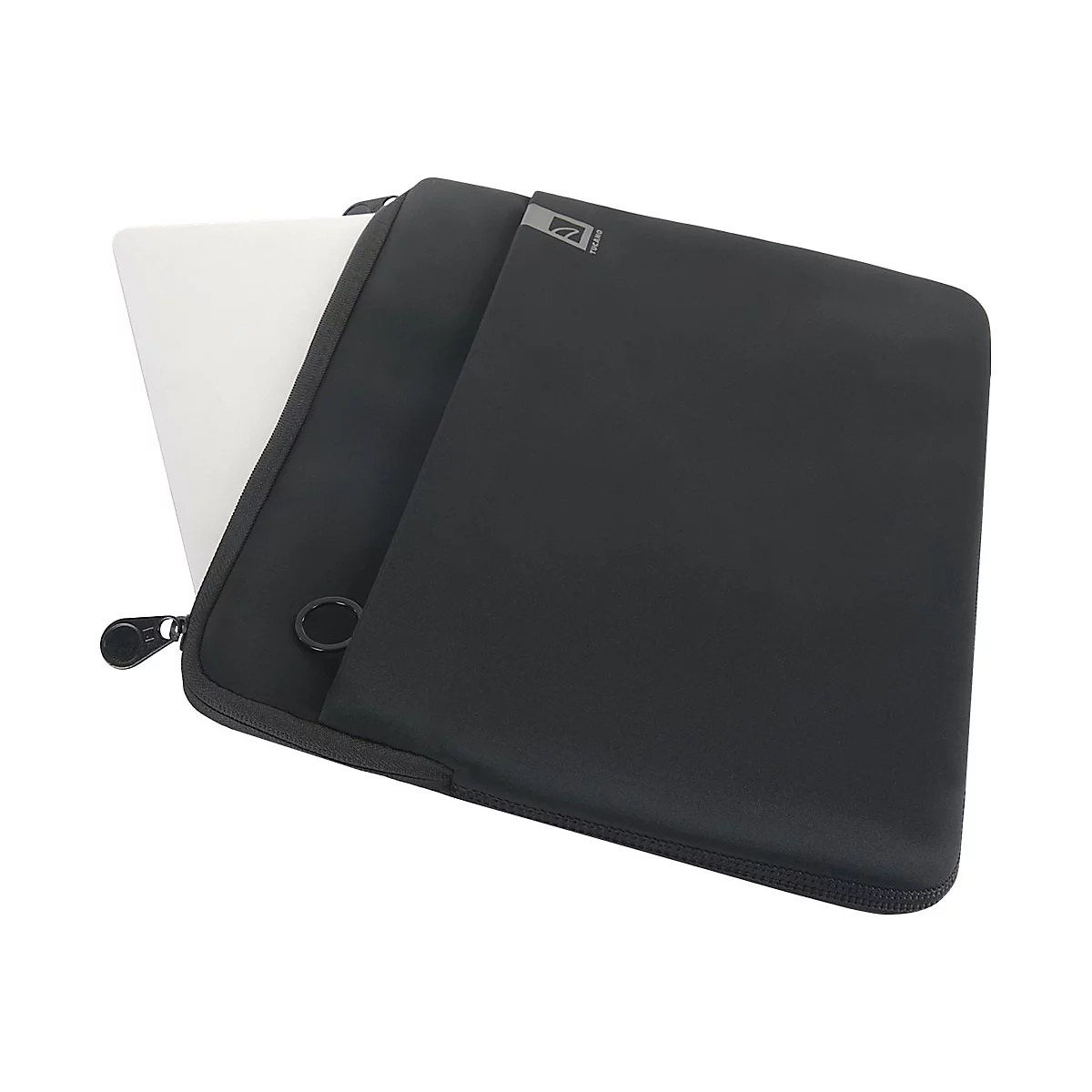 Schwarze Laptoptasche mit ReiÃŸverschluss, teilweise geÃ¶ffnet, ein Laptop ragt hervor.