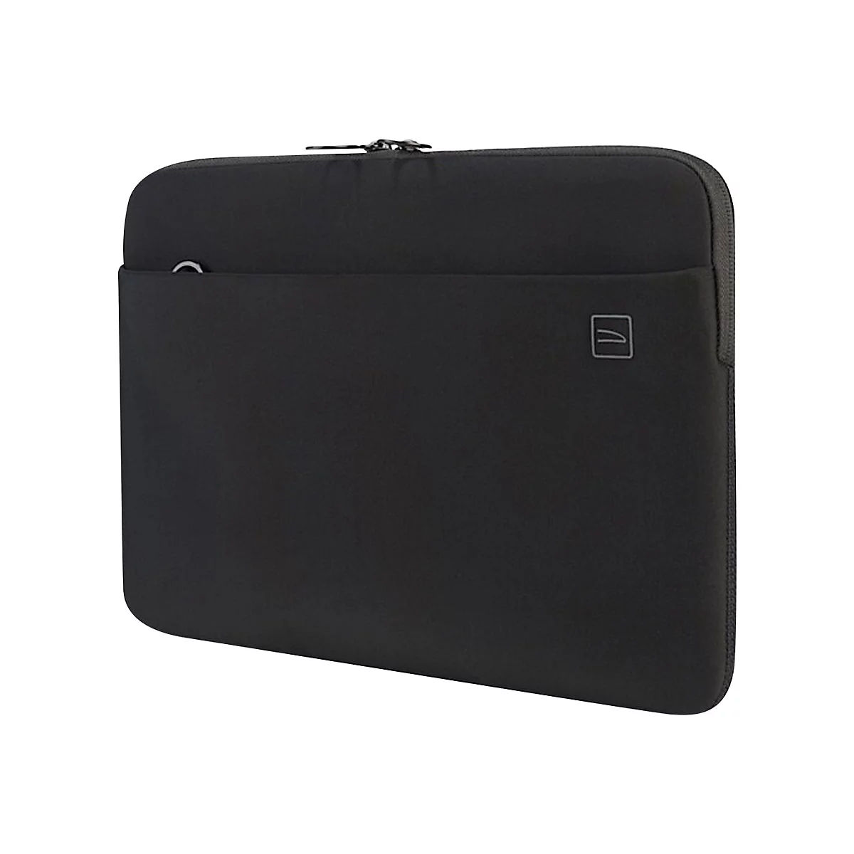 Schwarze Laptoptasche mit ReiÃŸverschluss und kleinem Logo.