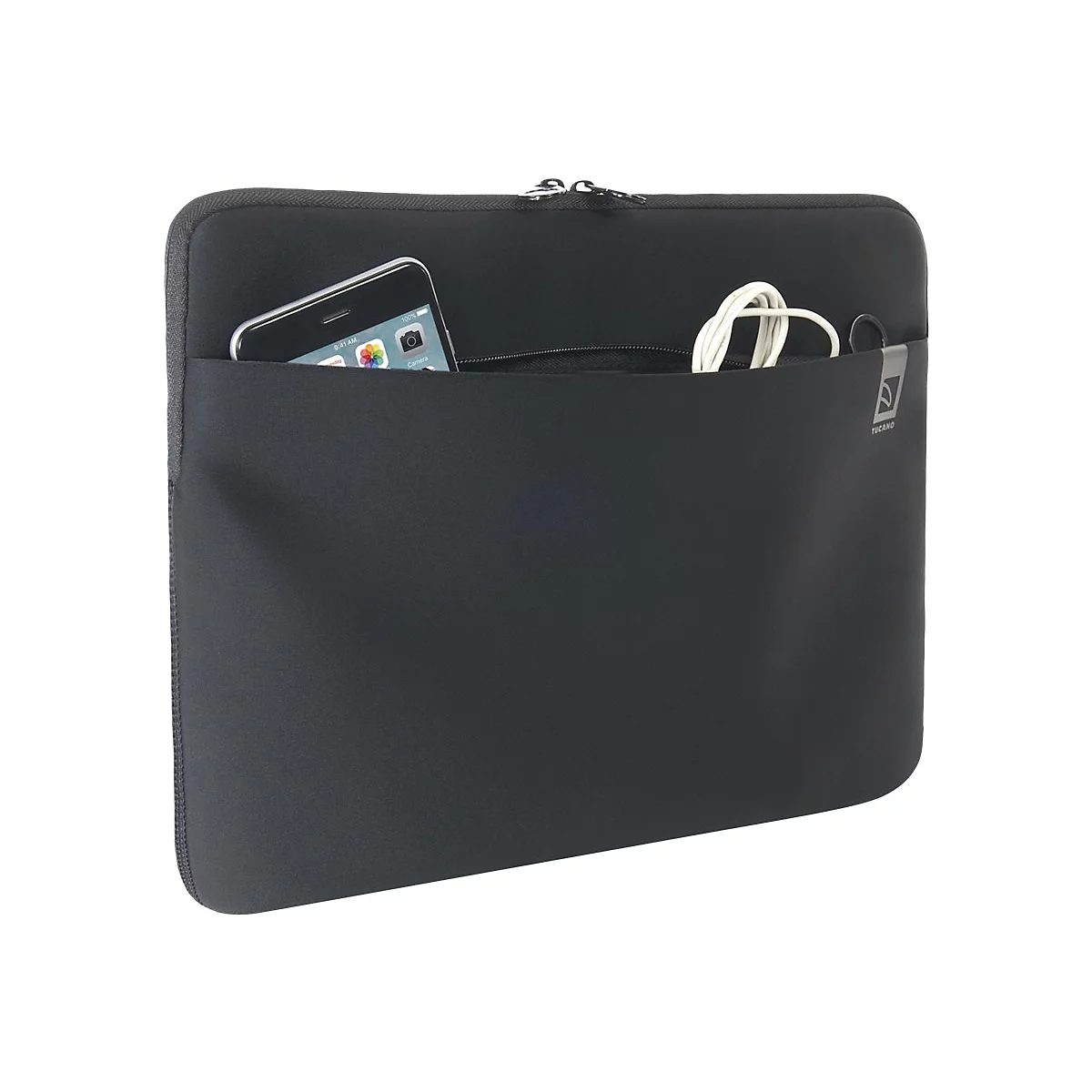 Schwarze Laptoptasche mit ReiÃŸverschluss und einer Tasche mit Smartphone und KopfhÃ¶rerkabel.