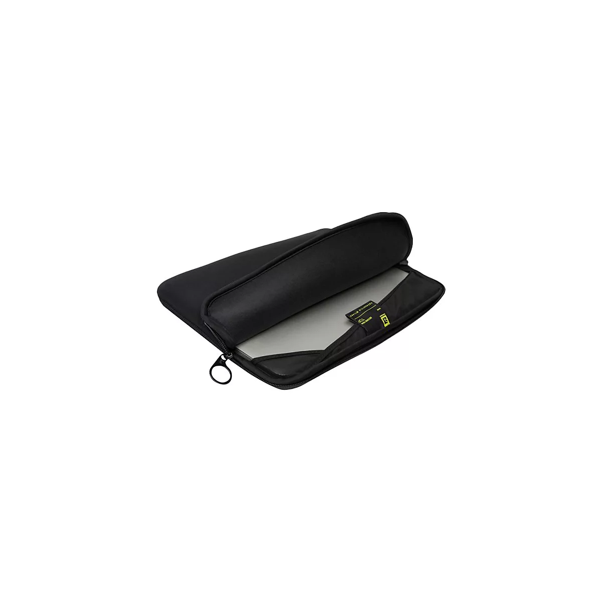 Schwarze Laptoptasche, teilweise geÃ¶ffnet. Ein Laptop ist darin zu sehen, das Etikett ist gelb und schwarz.