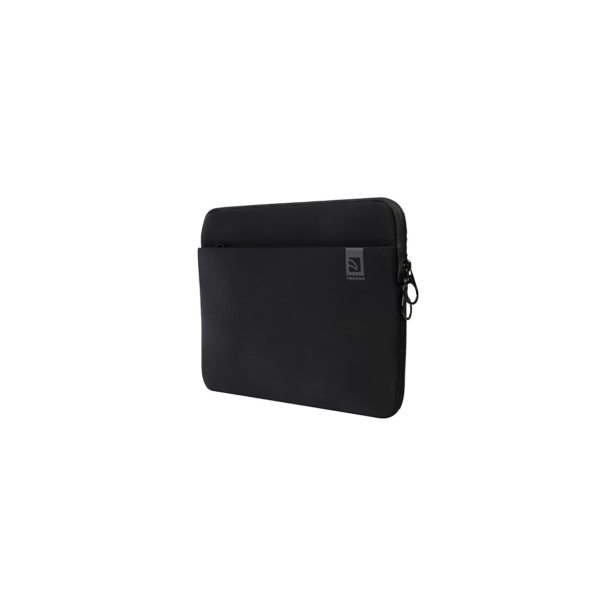 Schwarze Laptoptasche mit ReiÃŸverschluss und Logo. Eine kleine ReiÃŸverschlusstasche auf der Vorderseite.