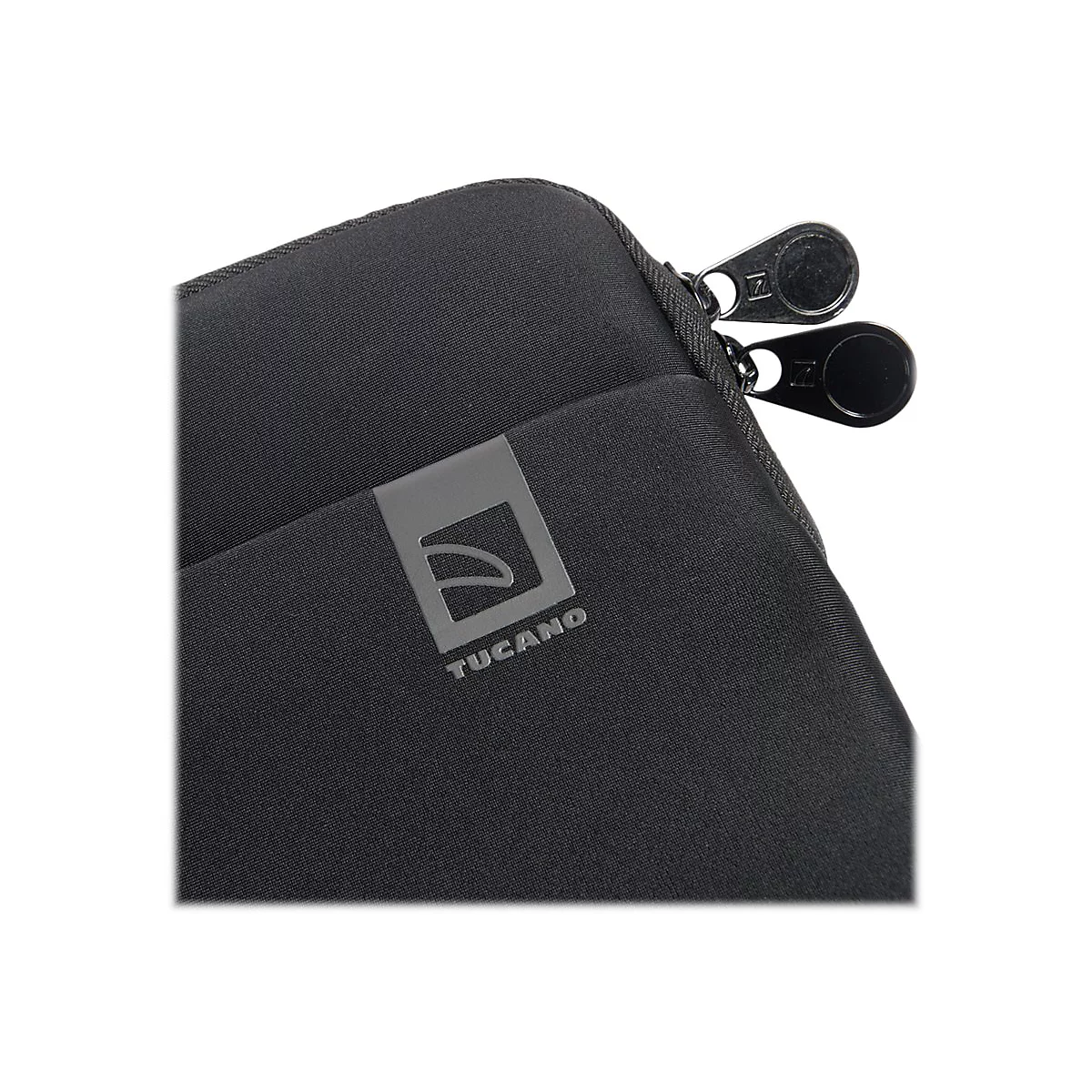 Nahe Aufnahme einer schwarzen Tucano Laptoptasche. Der ReiÃŸverschluss ist teilweise geÃ¶ffnet.