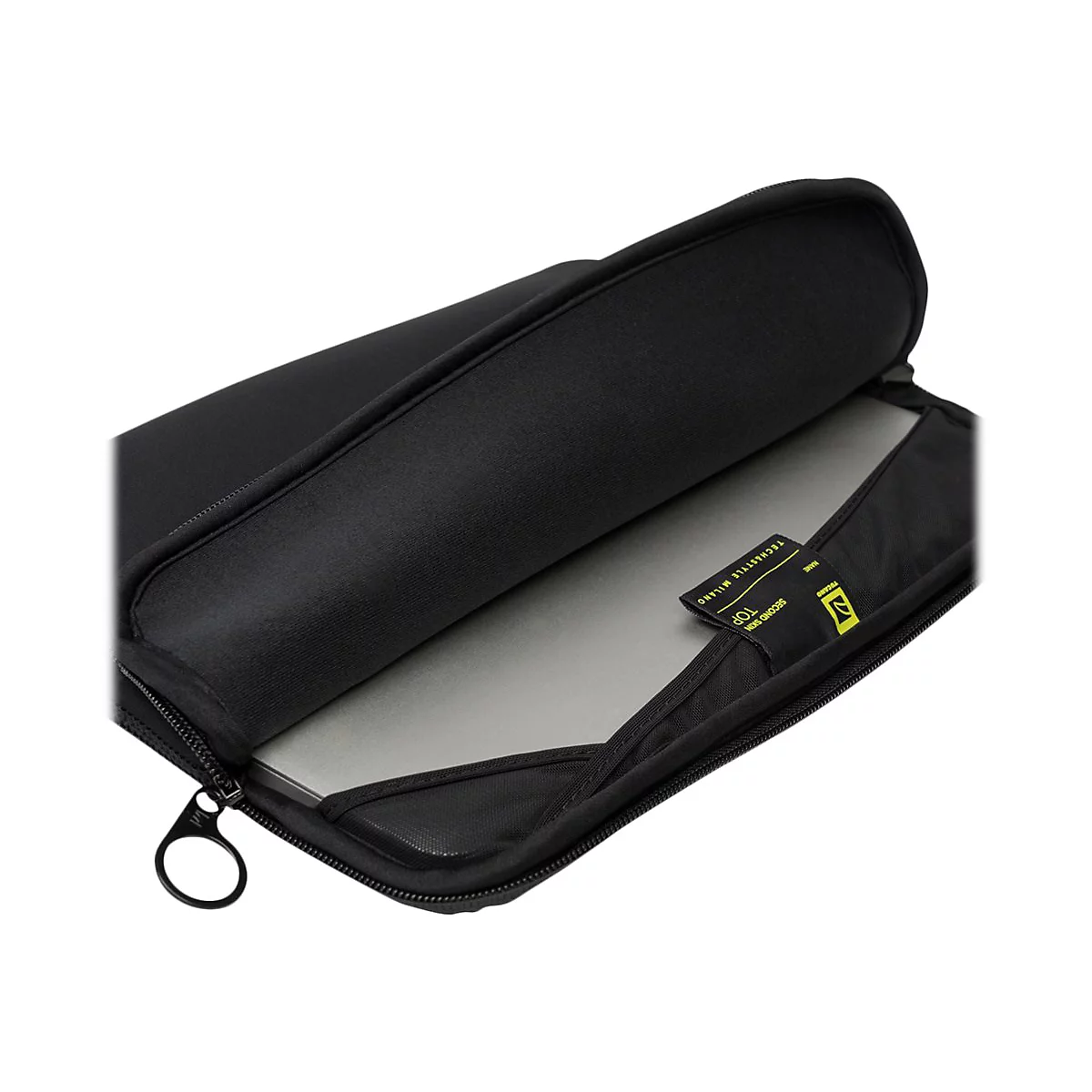 Schwarze Laptop-Tasche, teilweise geÃ¶ffnet, mit ReiÃŸverschluss und Laptop im Inneren.