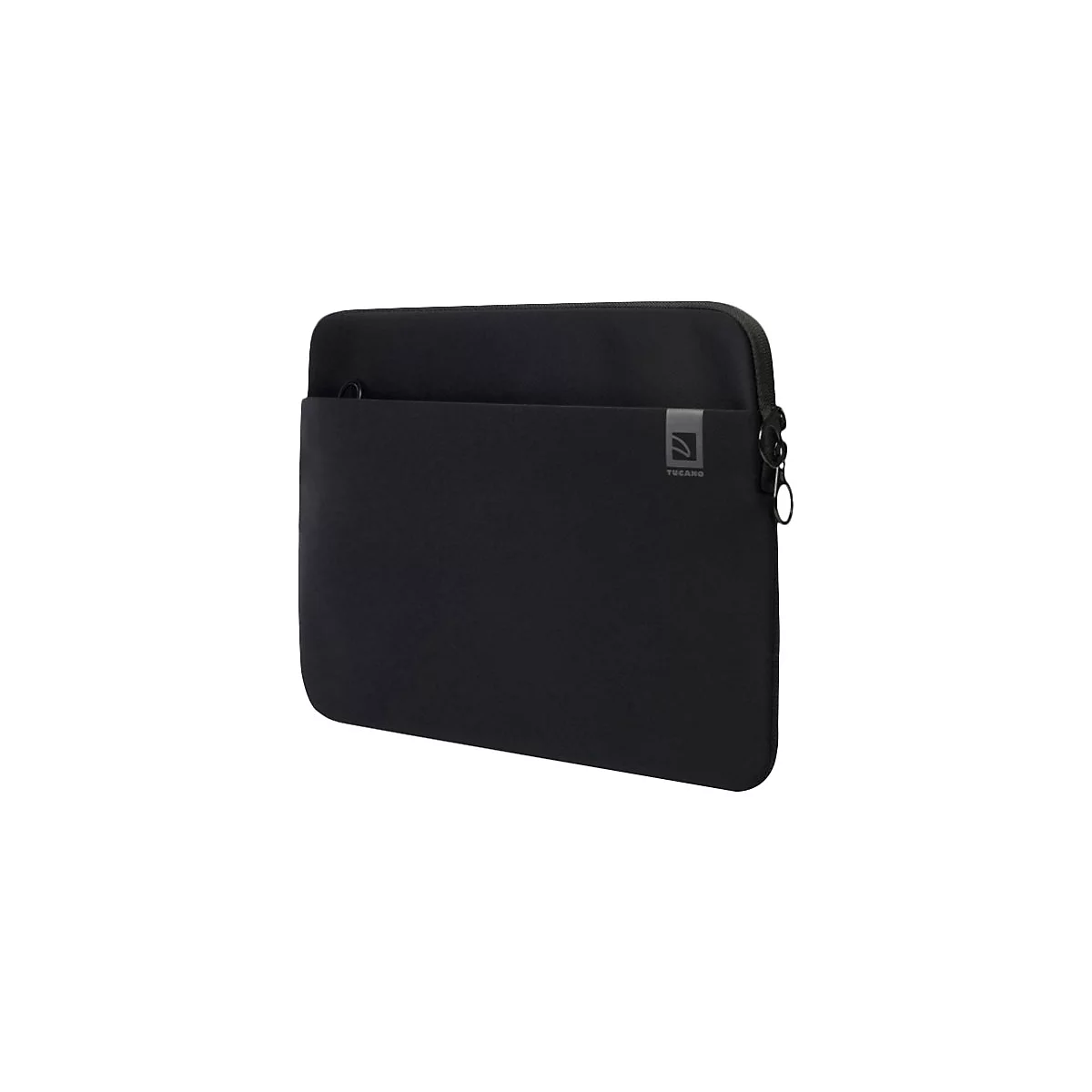Schwarze Laptoptasche mit ReiÃŸverschluss und dem Logo Tucano.