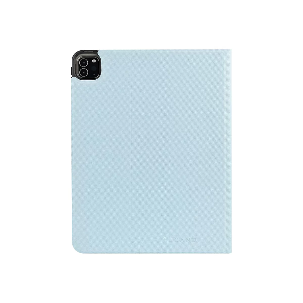 Hellblaues iPad Cover von Tucano, auf weiÃŸem Hintergrund. Die Kamerainsel ist oben links zu sehen.